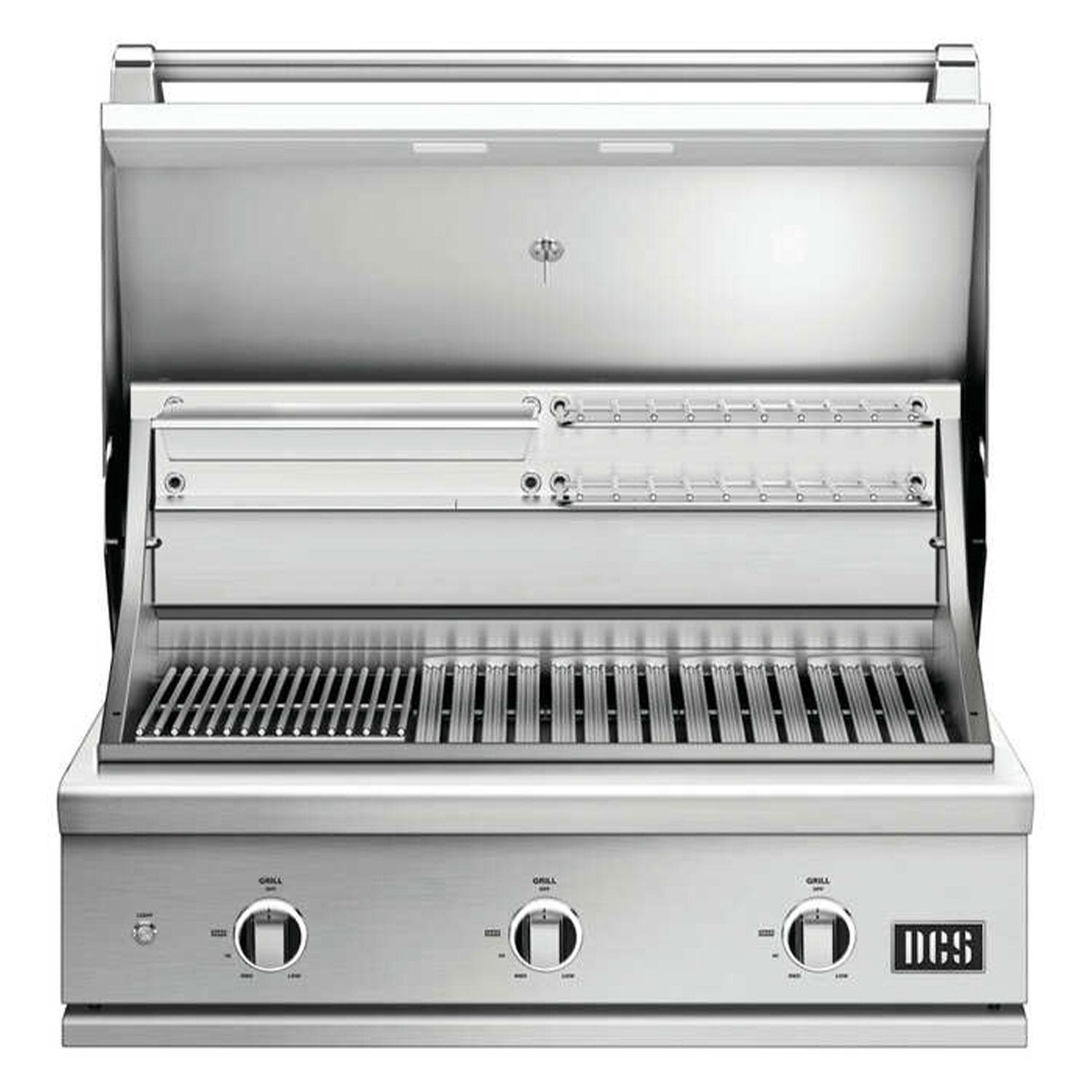DCS BE1-36C-N Series 9 36 Inch 3 Burner Built-In Natural Gas Grill w/ Charcoal Smoker Box - Lid Up - White Background thumbnail