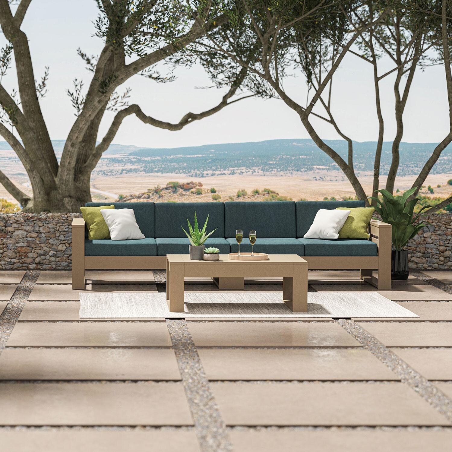 Latitude 4 Person Sofa in Vintage White/Ash Charcoal By PW Designer Series - Shown in Vintage Sahara/Ocean Teal Finish - Patio - Lifestyle thumbnail