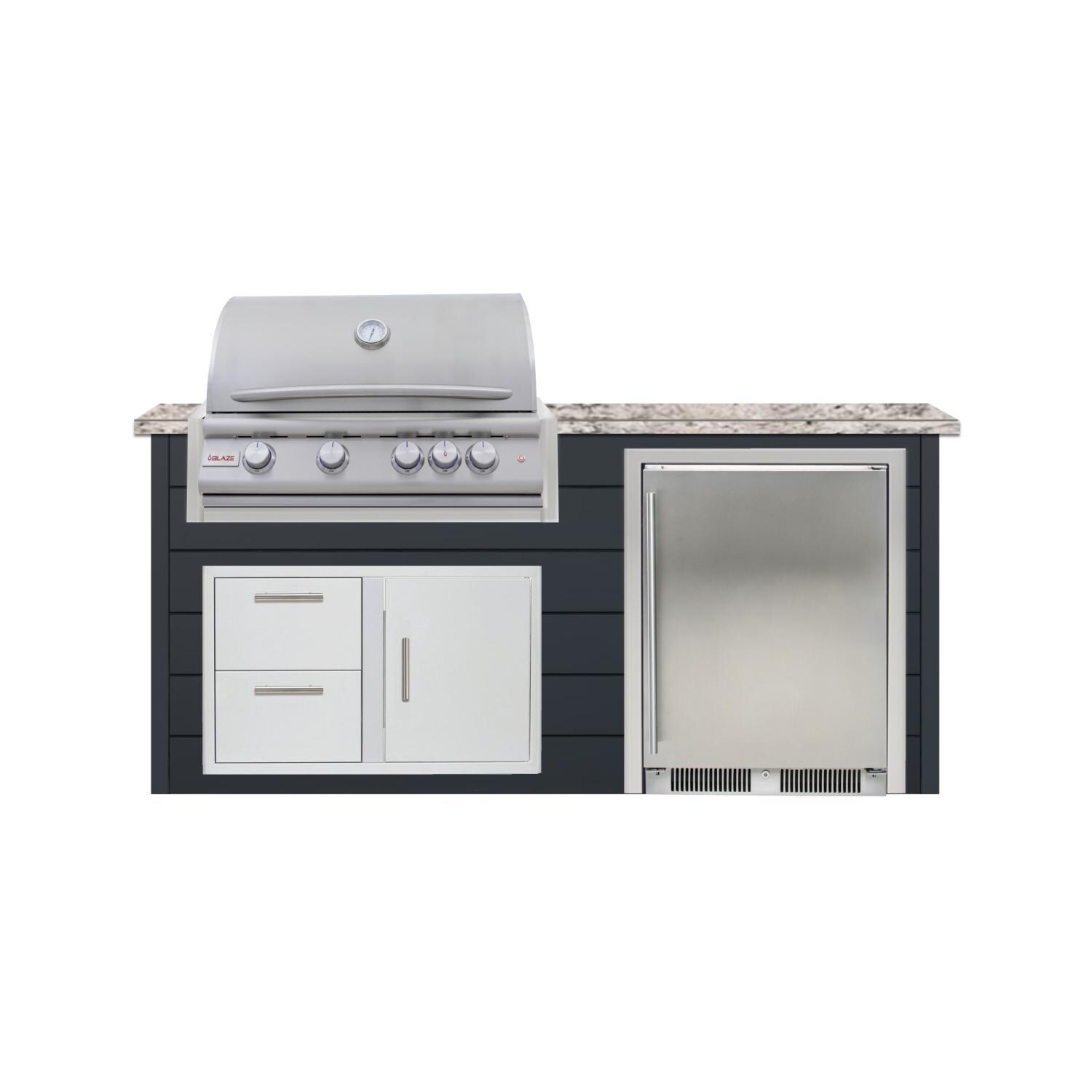 BBQGuys Signature 6 Ft Grill Island w/ 32 Inch Natural Gas Blaze Premium LTE+ Grill, Refrigerator & Door & Drawer | Asphalt Gray w/ White Granite - Front - White Background thumbnail