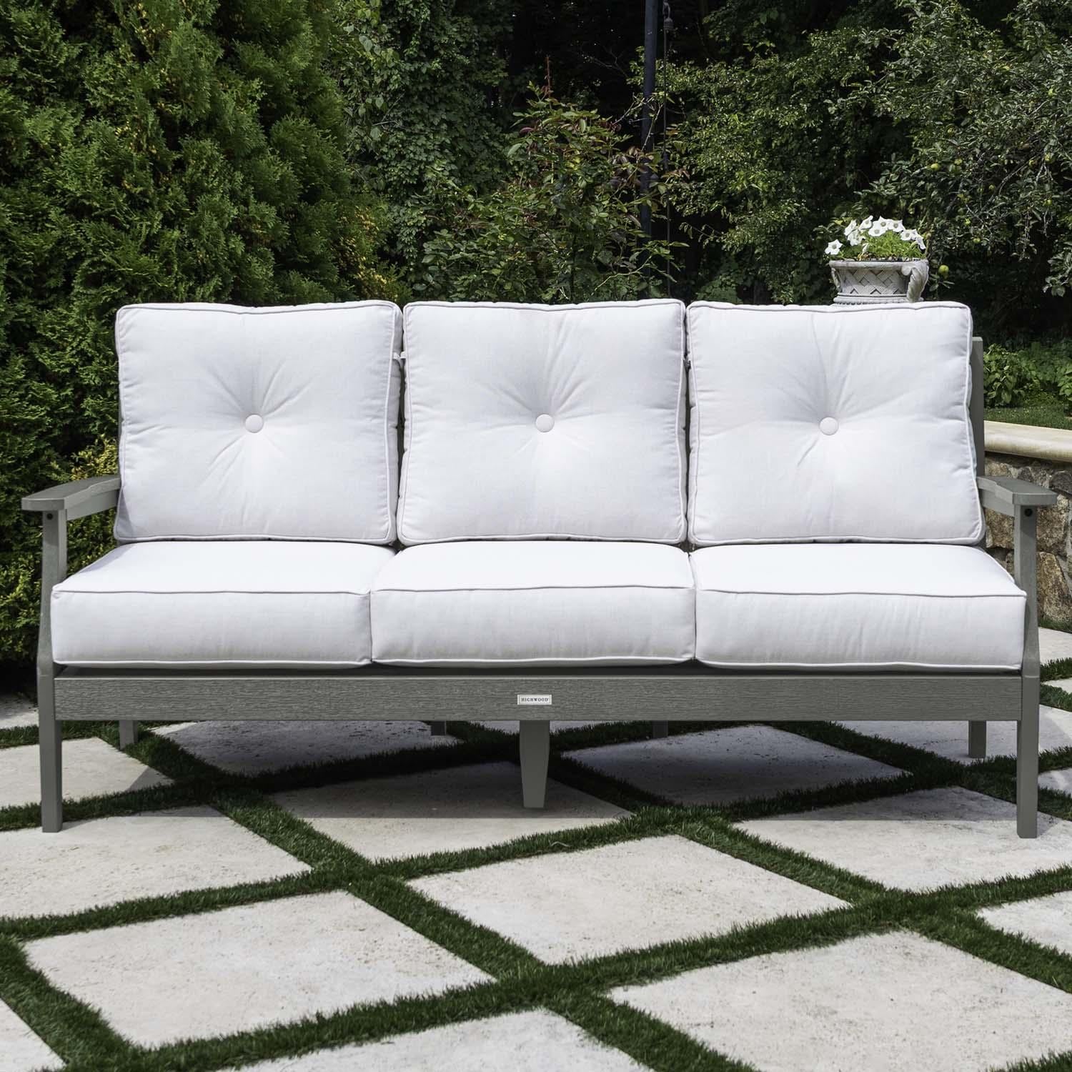 Blushing Bay 3 Person Recycled Plastic Sofa in Bliss Linen/Coastal Teak by Lakeview Outdoor Designs