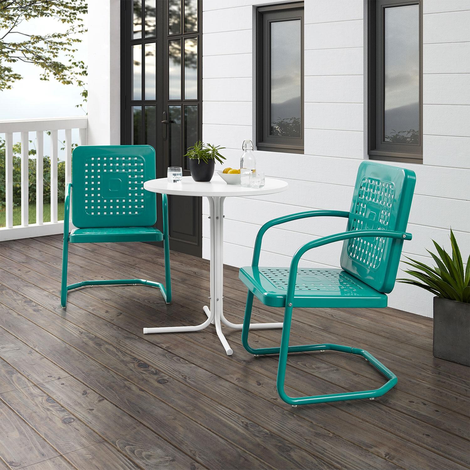 Ultimate Patio UP-32242TU 3Pc Retro Outdoor Bistro Set in Turquoise - Angled On Patio - Lifestyle thumbnail