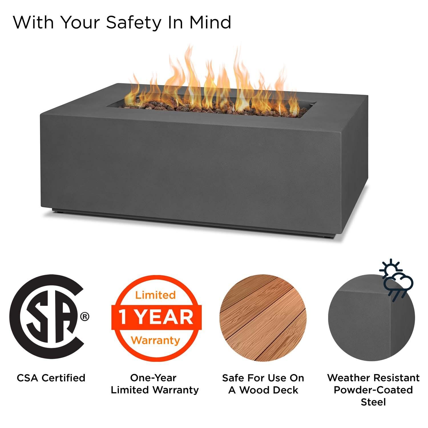 Elysian 42 Inch Rectangular Powder Coated Steel Propane Fire Pit Table in Weathered Slate by Lakeview Outdoor Designs - Safety thumbnail