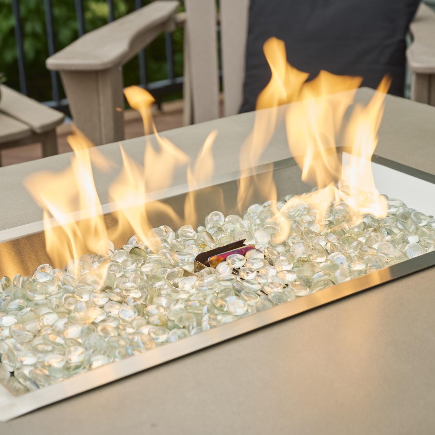 Havenwood 44 Inch Fire Pit Table W/ Pebble Grey Top & Black Base - Burner On - Detail thumbnail