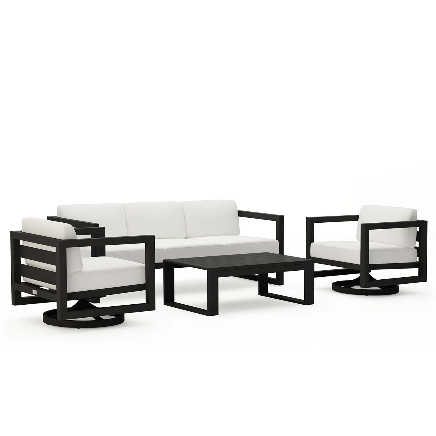 Misty Cove 4 Pc Aluminum Sofa Seating Set w/ Swivel Chairs in Black/Canvas Natural by Lakeview Outdoor Designs - Angled Side View - White Background thumbnail