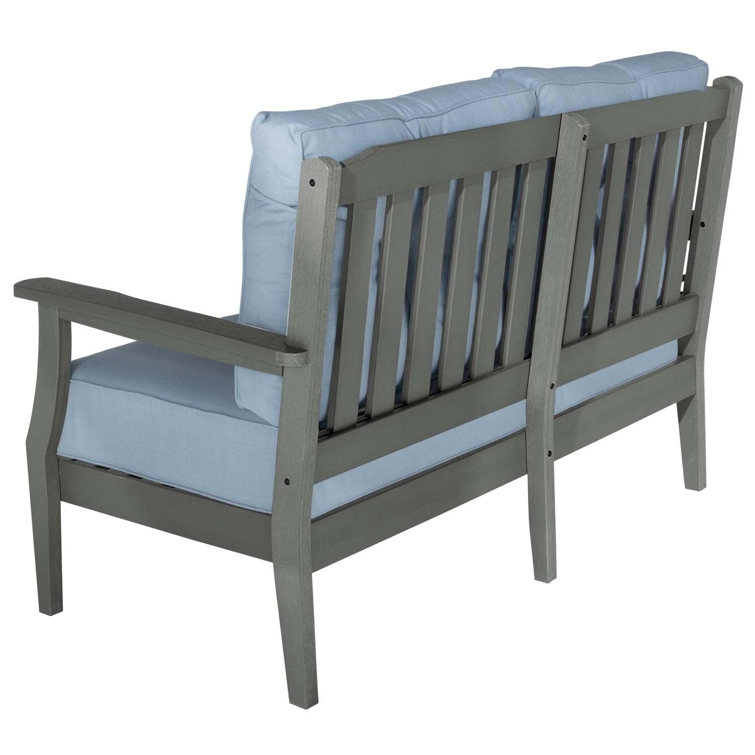 Blushing Bay 2 Person Recycled Plastic Loveseat in Bliss Dew/Coastal Teak by Lakeview Outdoor Designs - Back View - White Background thumbnail