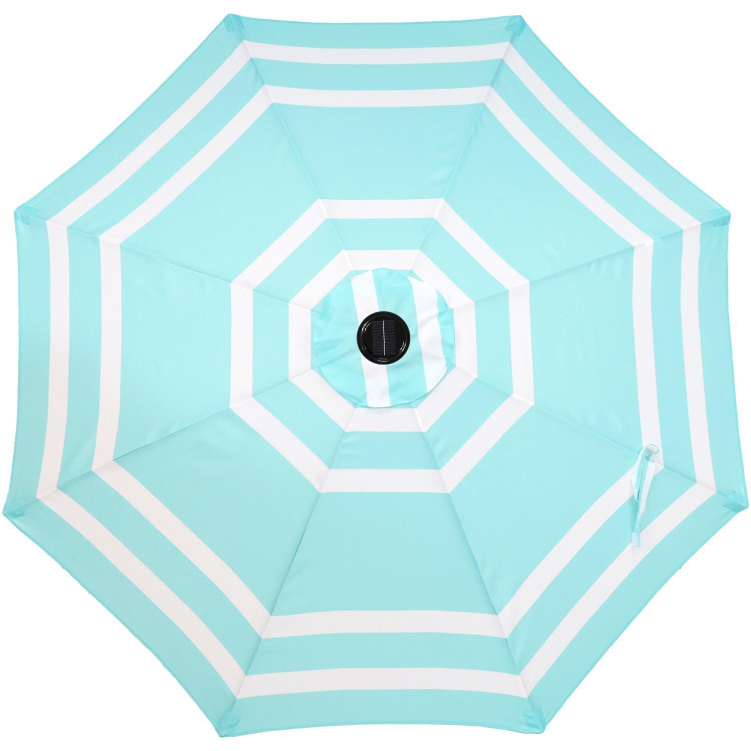 Ultimate Patio 9 Ft. Solar Lighted Octagonal Patio Umbrella W/ Crank Lift - Teal Stripe Canopy thumbnail