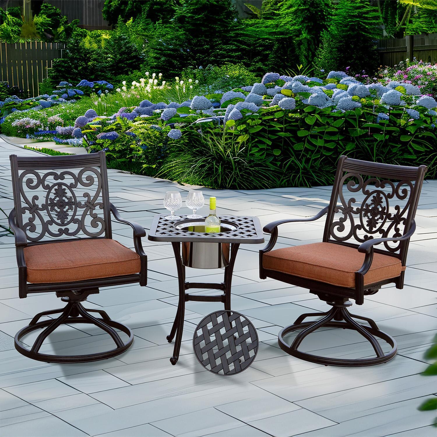 St. Cruz 3 Pc Cast Aluminum Bistro Set w/ 25 Inch Series 30 Ice Bucket End Table & in Antique Bronze/Spicy Chili by Darlee