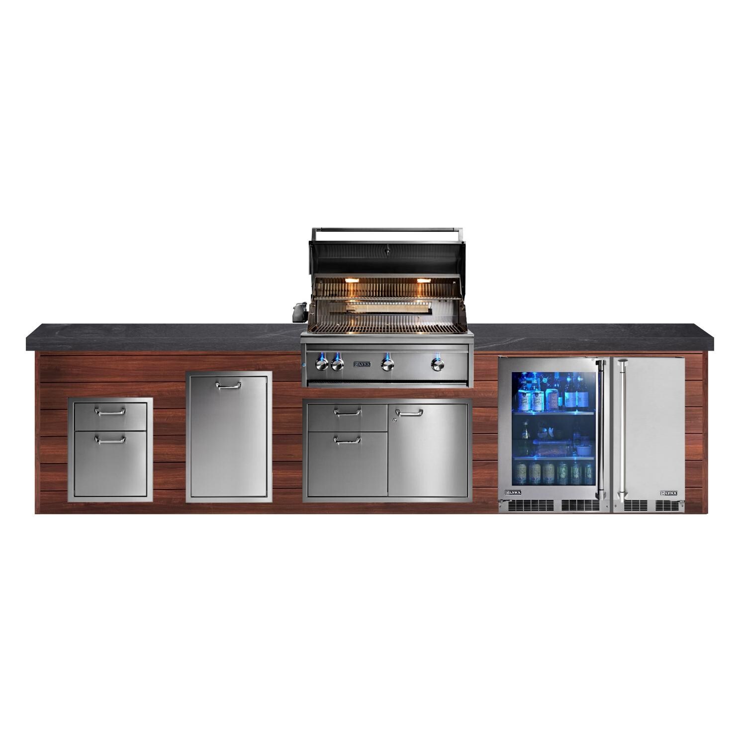 BBQGuys Signature 12ft Luxury Outdoor Kitchen w/ Lynx Professional 36-Inch Natural Gas Grill, Ice Maker & Refrigerator - Dark National Walnut Aluminum w/ Black Polished Granite - White Background thumbnail
