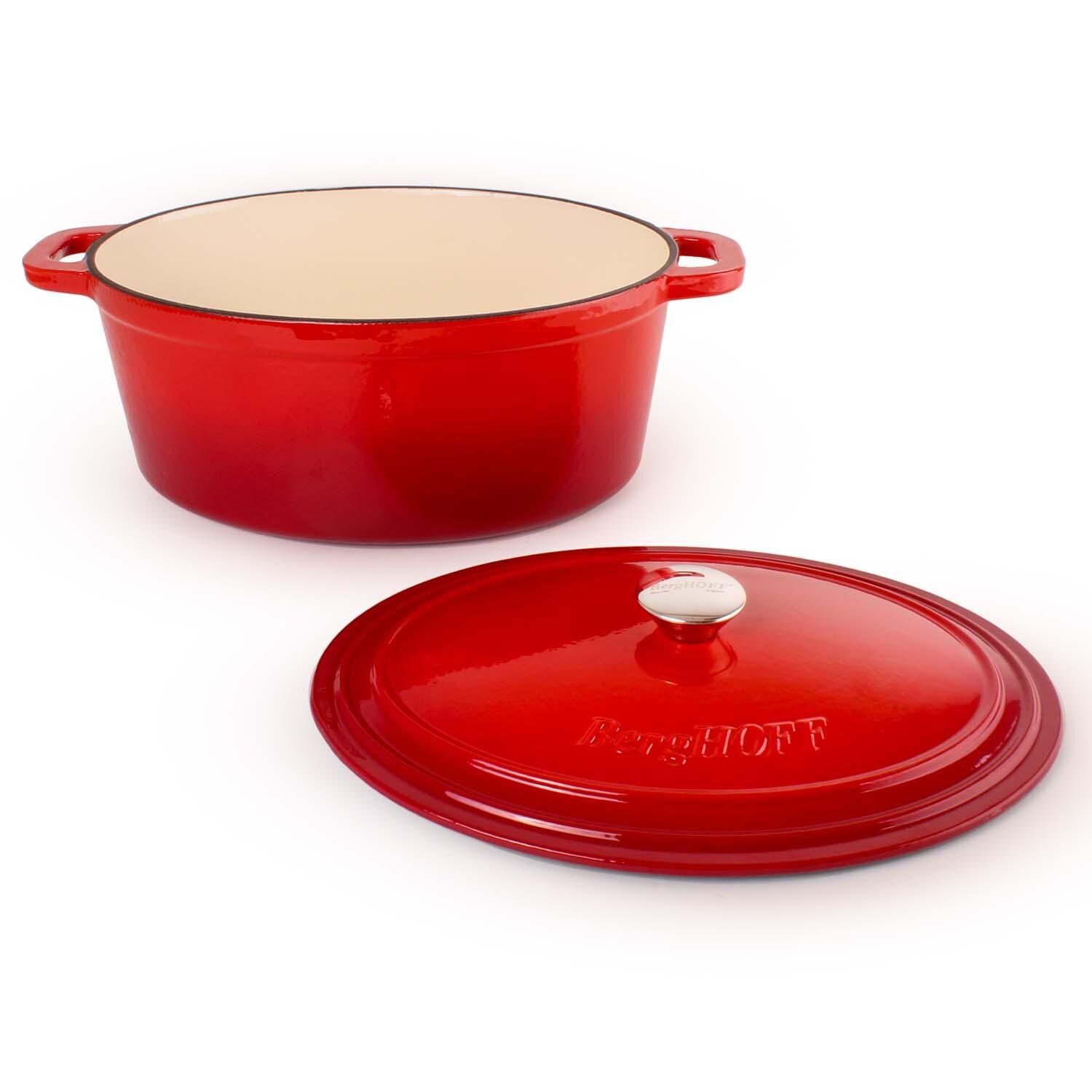 BergHOFF 13-in Neo Cast Iron 8 Qt. Oval Dutch Oven w/ Lid - Red - Lid Off - White Background thumbnail