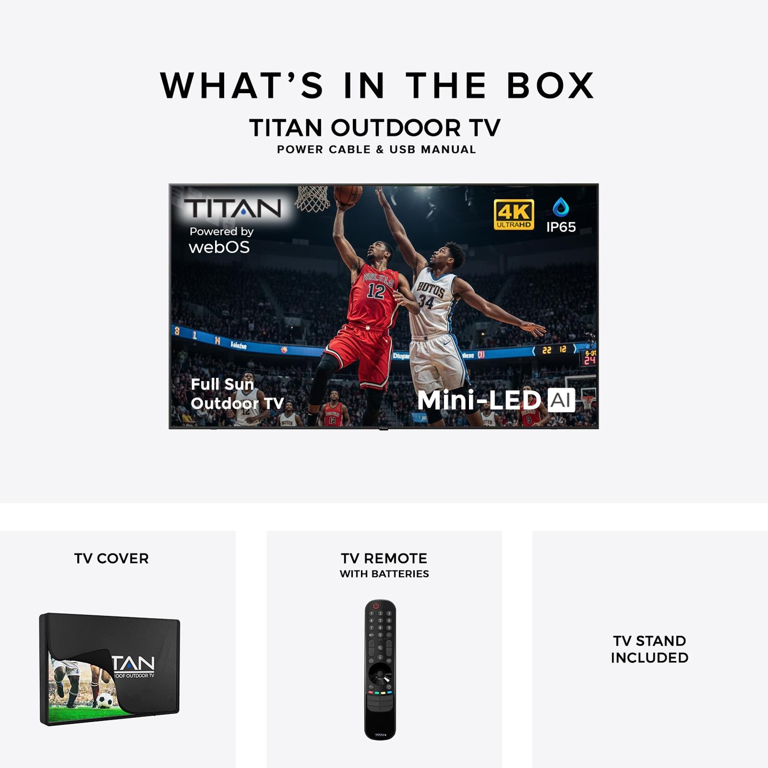 Titan L300-QNED-075 L300 Series 75-in Full Sun w/ Premium TV Cover & Roku Stick 4K QNED Smart Outdoor TV - Included Accessories - Detail thumbnail