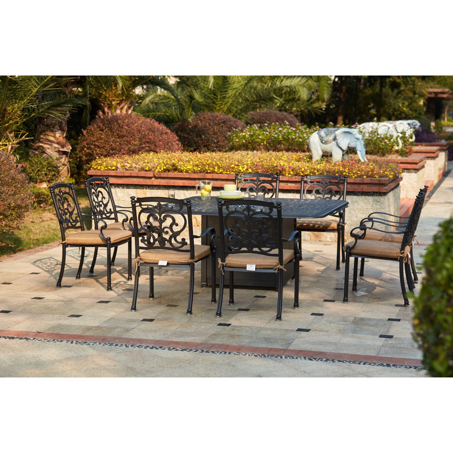 Darlee 201010-9PC-60GW Santa Barbara 9 Piece Cast Aluminum Patio Fire Pit Dining Set W/ 64 Inch Square Table & Sesame Cushions - Lifestyle thumbnail