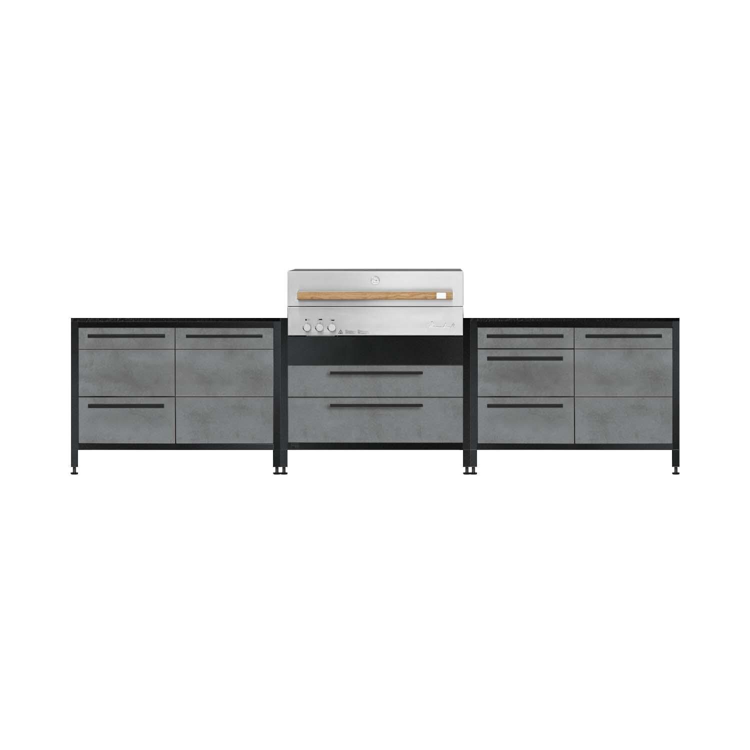 Burnout BBQ Modular Outdoor Kitchen Island w/ Flammkraft Model D Built-In Grill, Triple Drawers, Propane Pullout, and Pullout Waste Bins- Smoke - White Background thumbnail