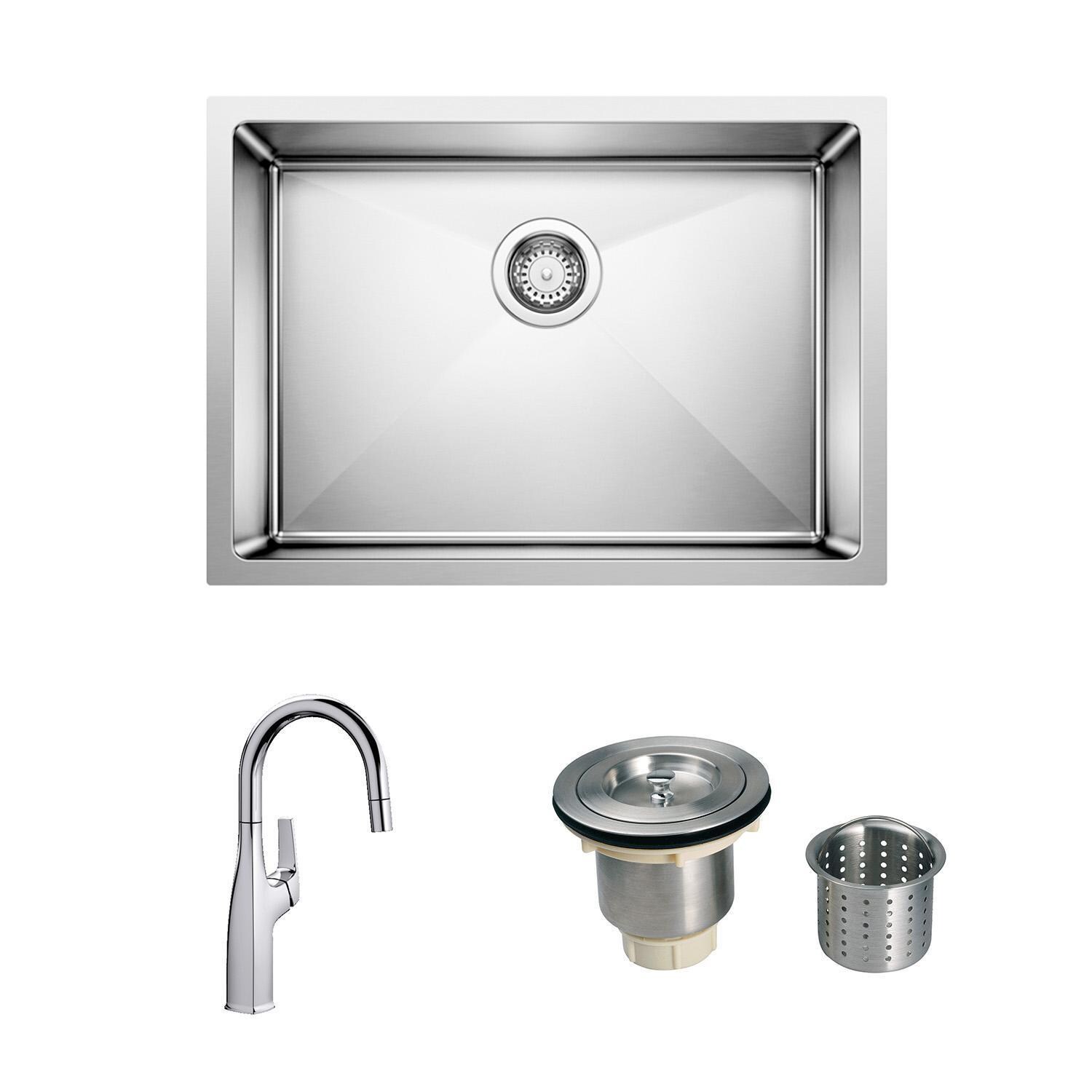 Blanco - Cuvee 25 X 18 Stainless Steel Undermount Sink w/ Rivana 15 Inch Single Spray Faucet with Strainer Basket
