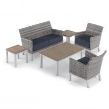 Argento 6 Piece Wicker Patio Conversation Set W/ Tekwood Vintage Tables & Midnight Blue Cushions By Oxford Garden image