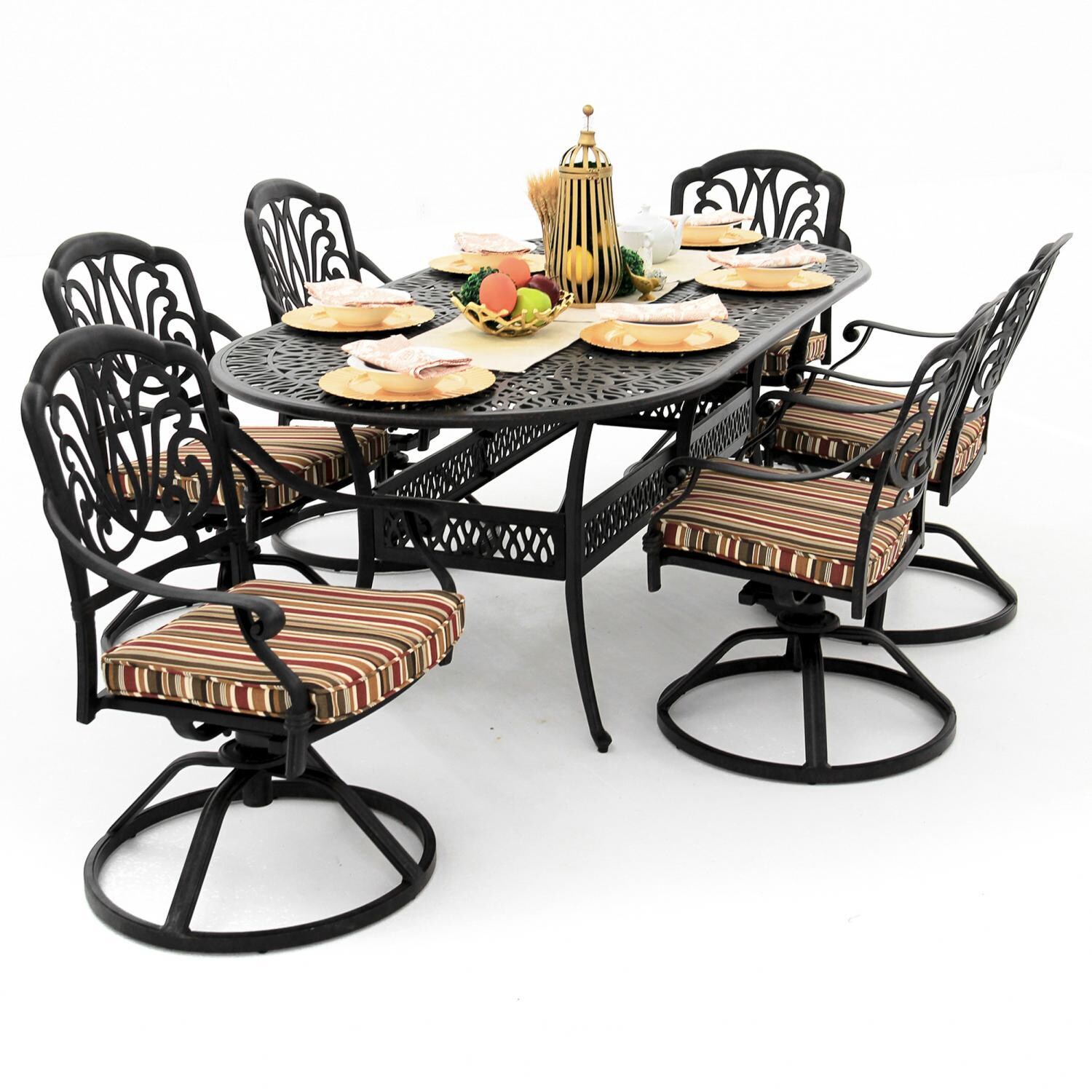 Rosedown 7 Piece Cast Aluminum Patio Dining Set With Swivel Rockers And 86 X 42-Inch Oval Table By Lakeview Outdoor Designs - Brannon Redwood