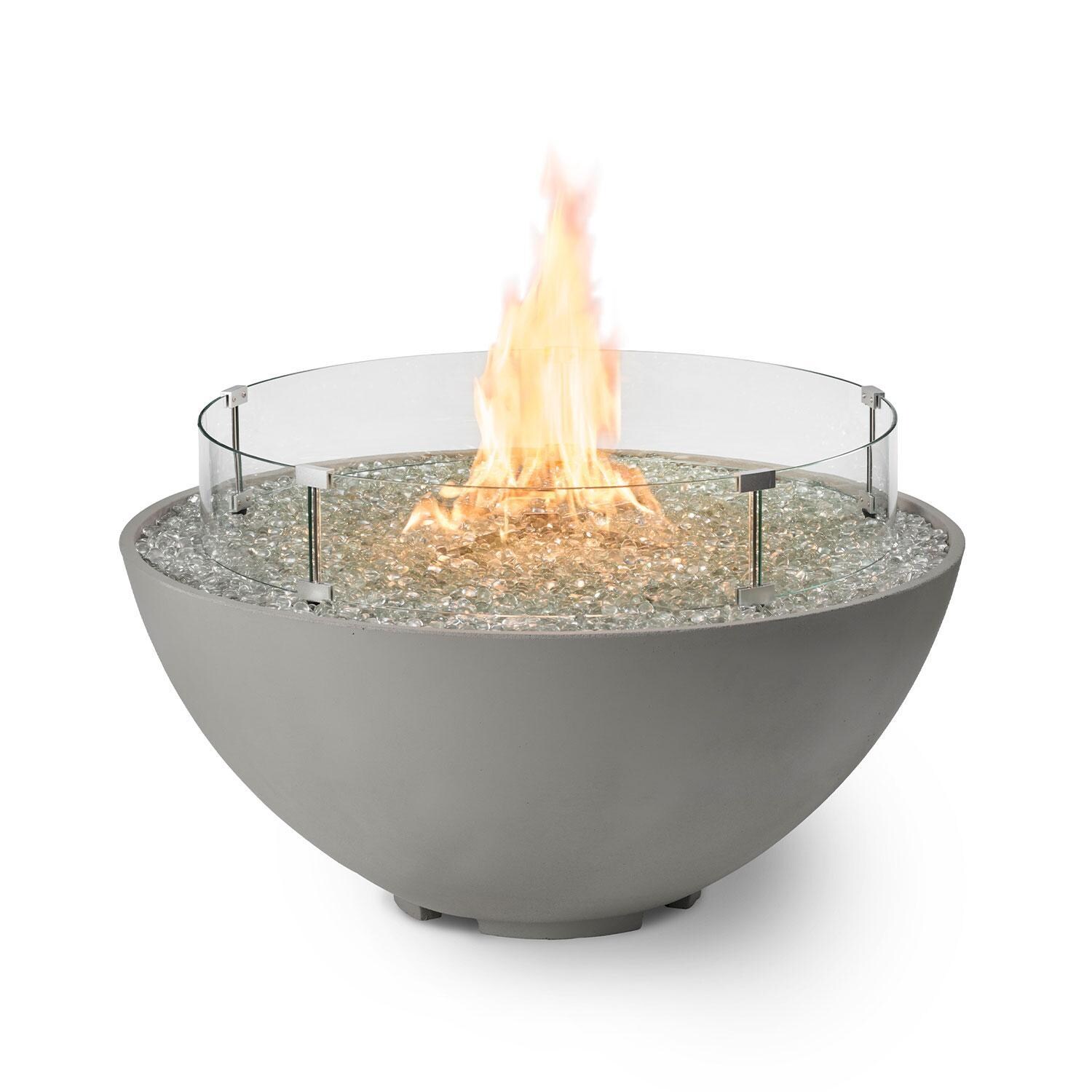 Cove Edge 42 Inch Round GFRC Natural Gas Fire Bowl w/ Electronic Ignition in Natural Gray by The Outdoor GreatRoom Company - Wind Guard - White Background thumbnail