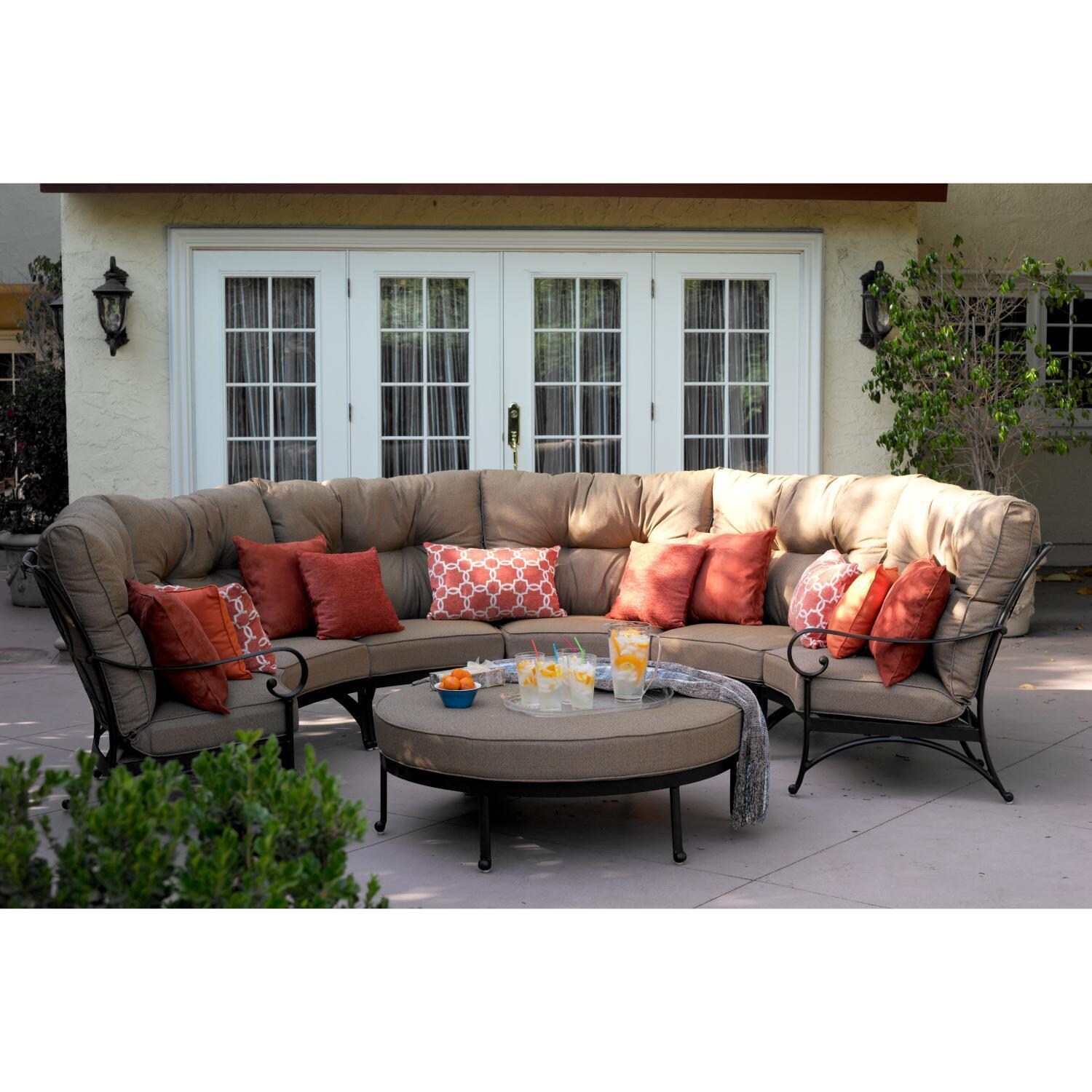 Santa Anita 7 Pc Cast Aluminum Patio Sectional Sofa w/ Round Ottoman & Sesame Sunbrella Cushions by Darlee - Back Patio - Full View - Lifestyle thumbnail
