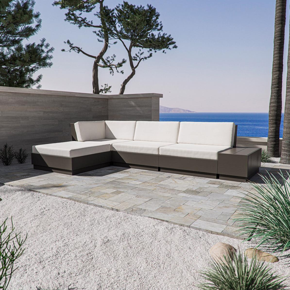 Elevate 5 Pc Recycled Plastic Chaise Sectional Seating Set in Vintage Coffee/Weathered Tweed By PW Designer Series - On the Patio (Shown in Vintage Coffee/Dune Burlap) - Lifestyle thumbnail