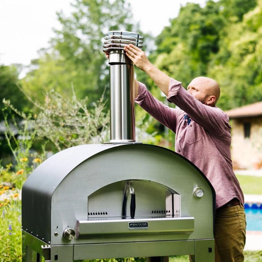 Fontana Forni FTFIR-H-R + FTCART-L Firenze Hybrid Pizza Oven on Cart - Red - Adjusting Chimney Cap - Lifestyle thumbnail