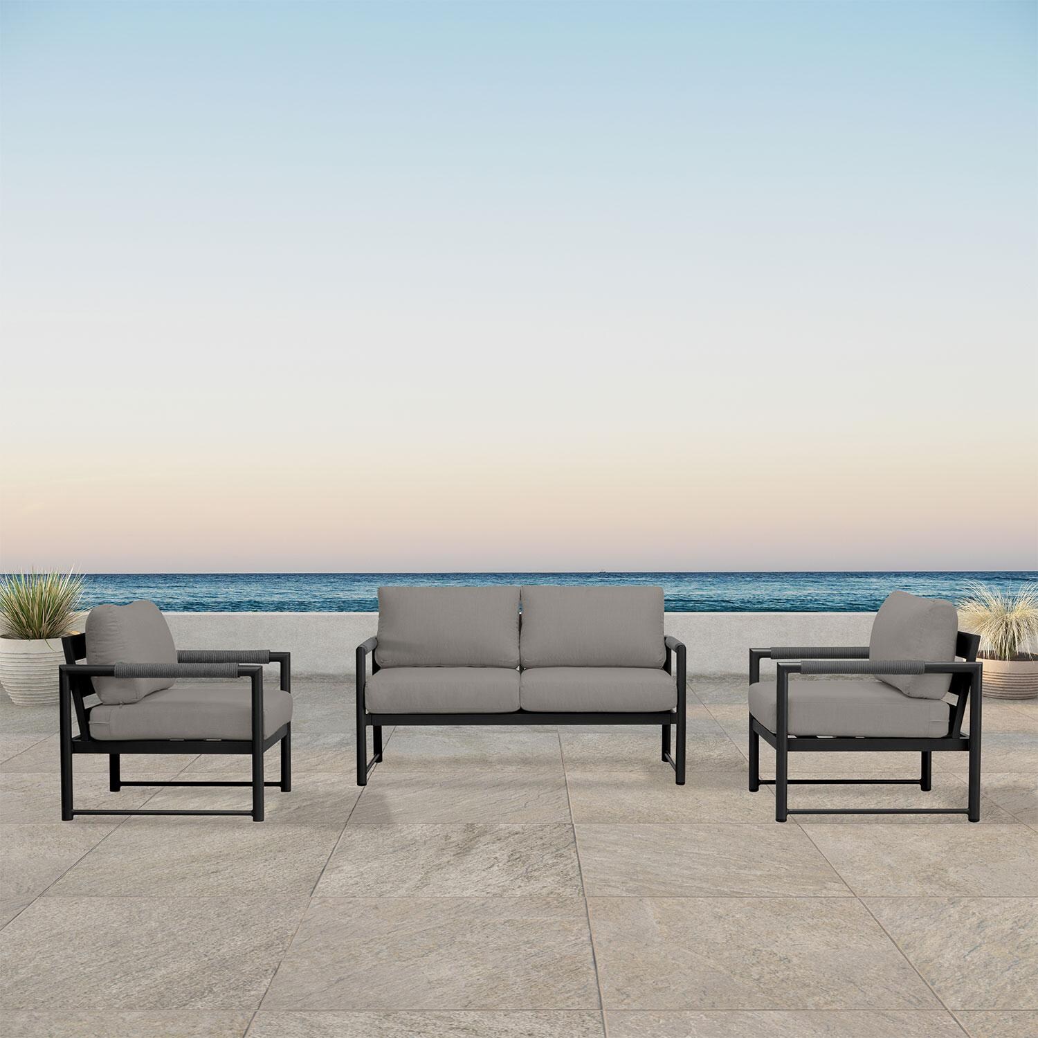 Avenue Bay 3 Pc Aluminum Seating Set in Black/Canvas Charcoal by Lakeview Outdoor Designs