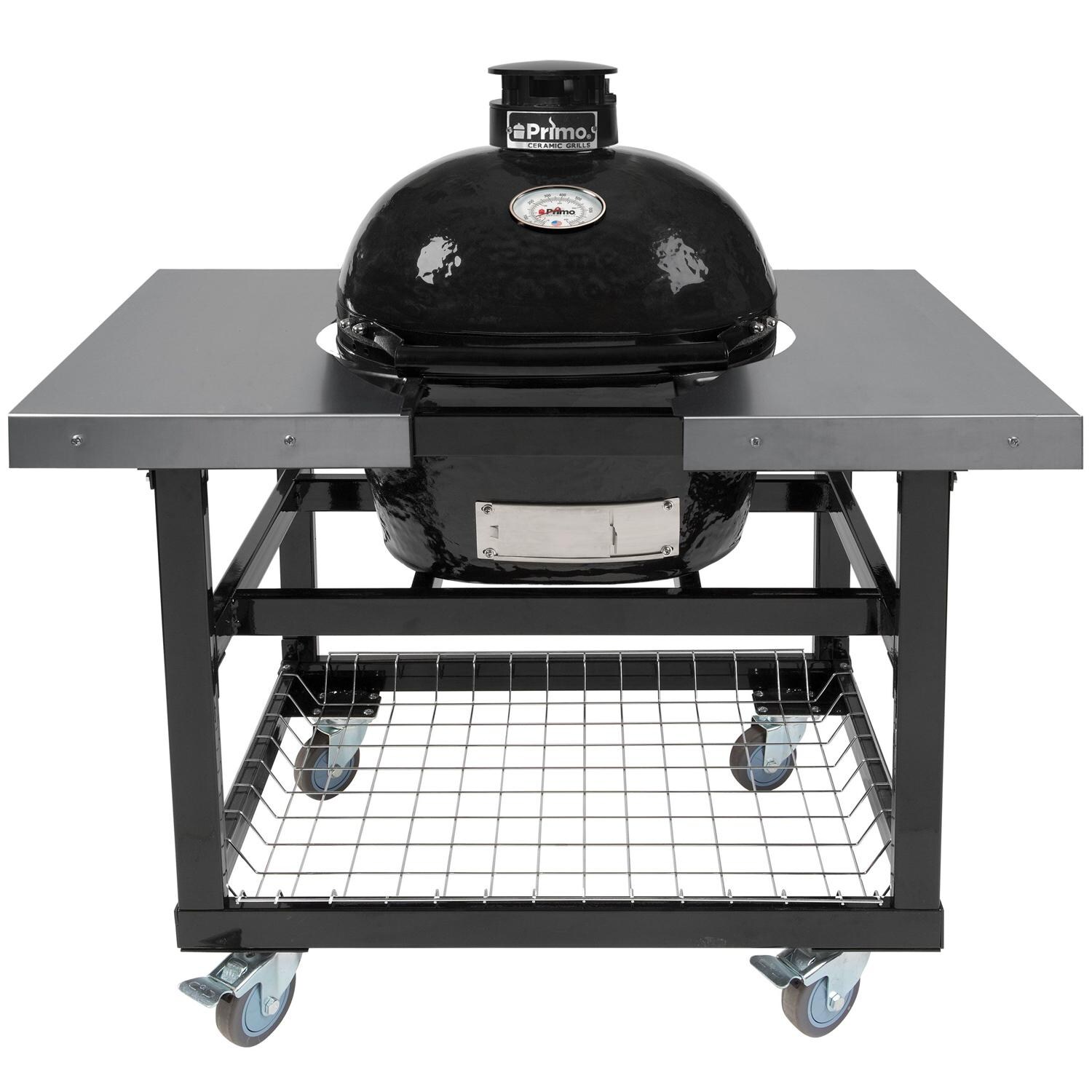 Primo PGCJRH Oval Junior 200 Ceramic Kamado Grill On Steel Cart With Side Tables And Stainless Steel Grates thumbnail