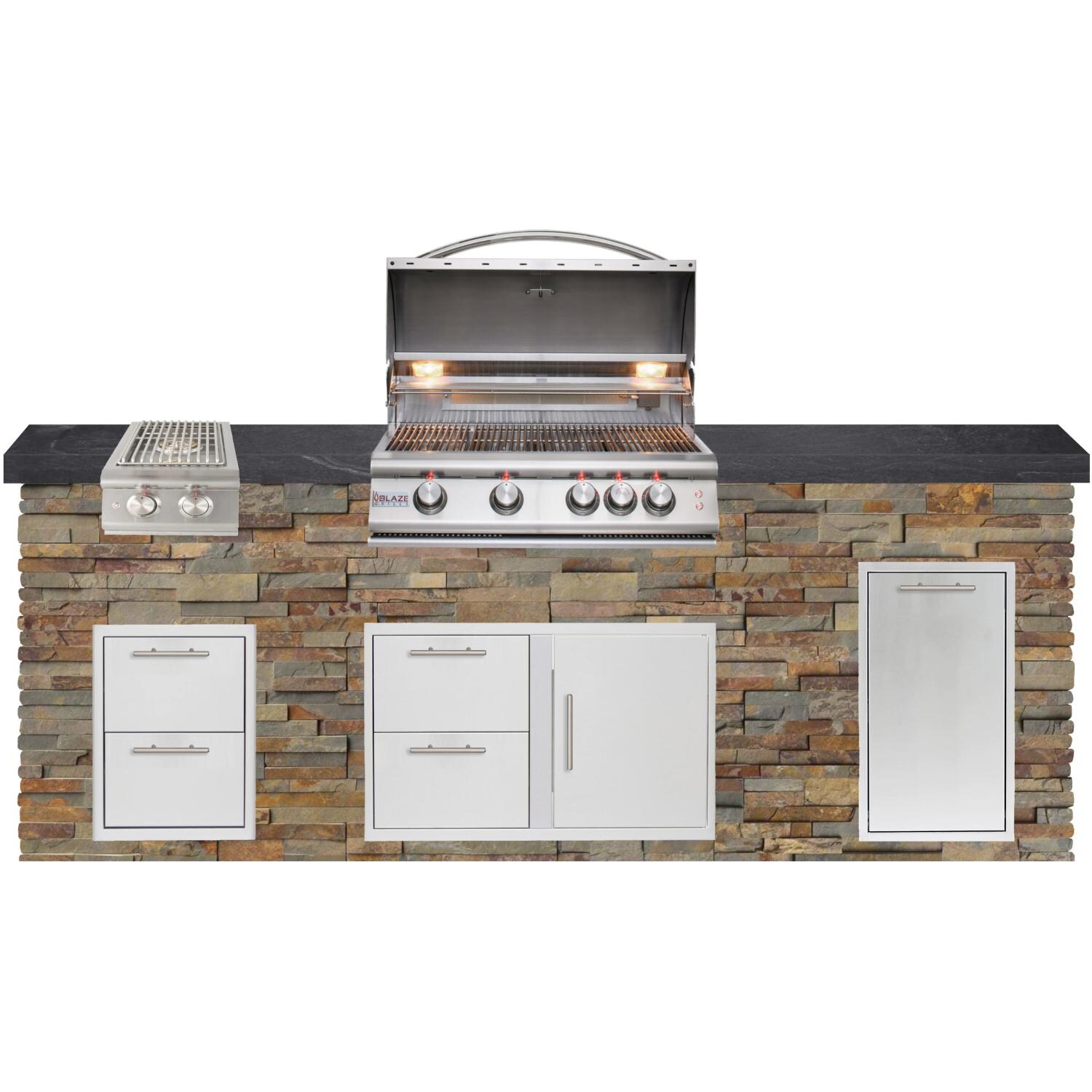 BBQGuys Signature 8ft Luxury Outdoor Island W/ Blaze Premium LTE 32-Inch Natural Gas Grill & Double Side Burner - Gold Rush Stone W/ Black Polished Granite