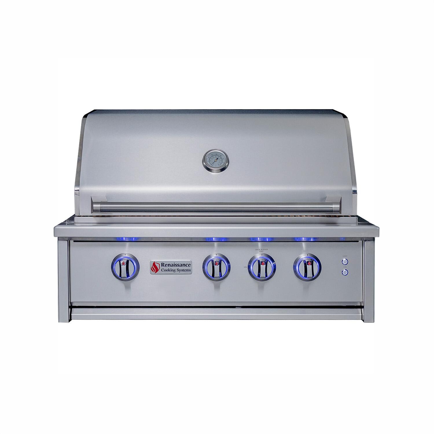 Cutlass Elite 30-in 3 Burner Built-In Natural Gas Grill - Closed w/ Lights On - White Background thumbnail