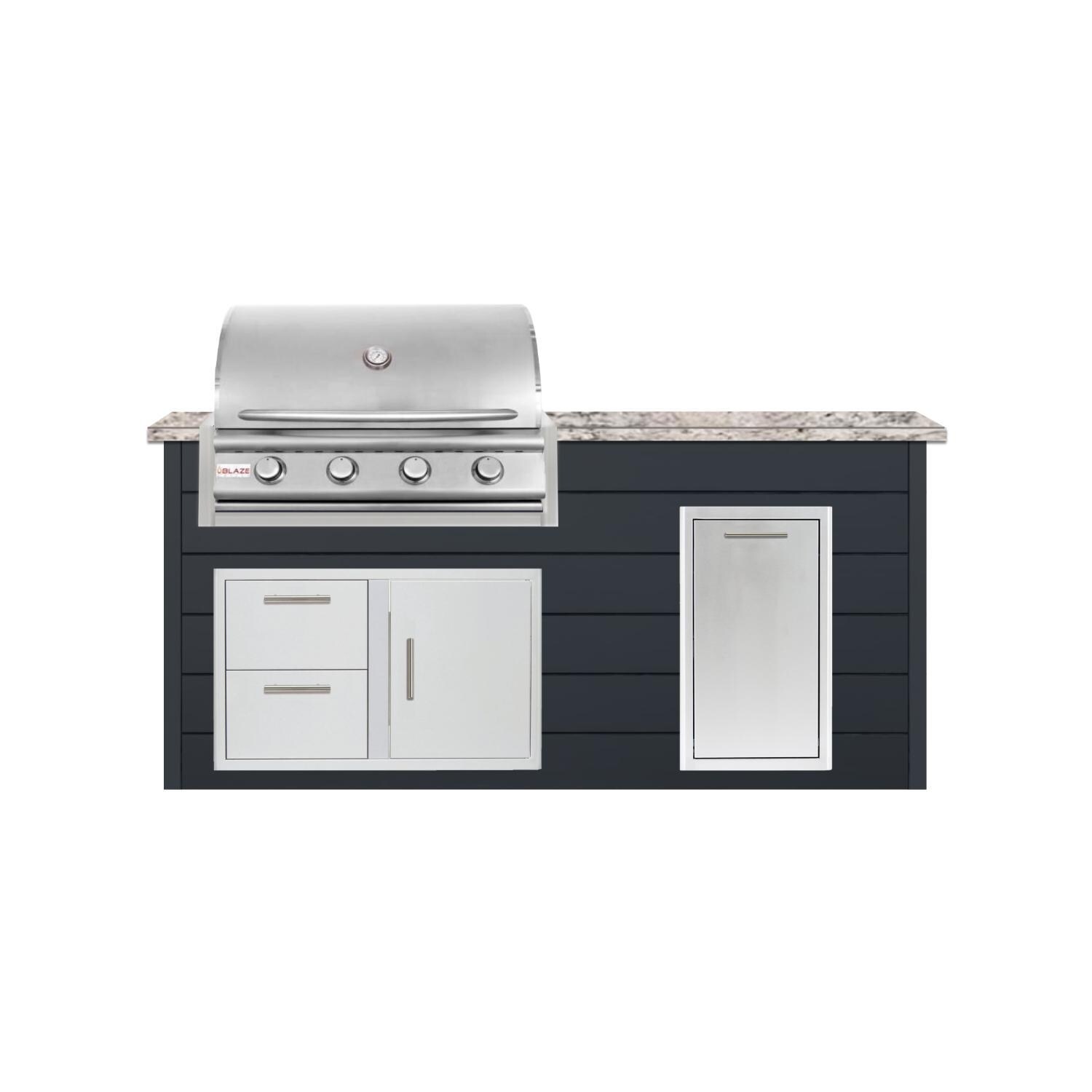 BBQGuys Signature 6 Ft Outdoor Kitchen Island w/ 32 Inch Propane Blaze LBM Grill & Narrow Trash Bin | Asphalt Gray w/ White Granite