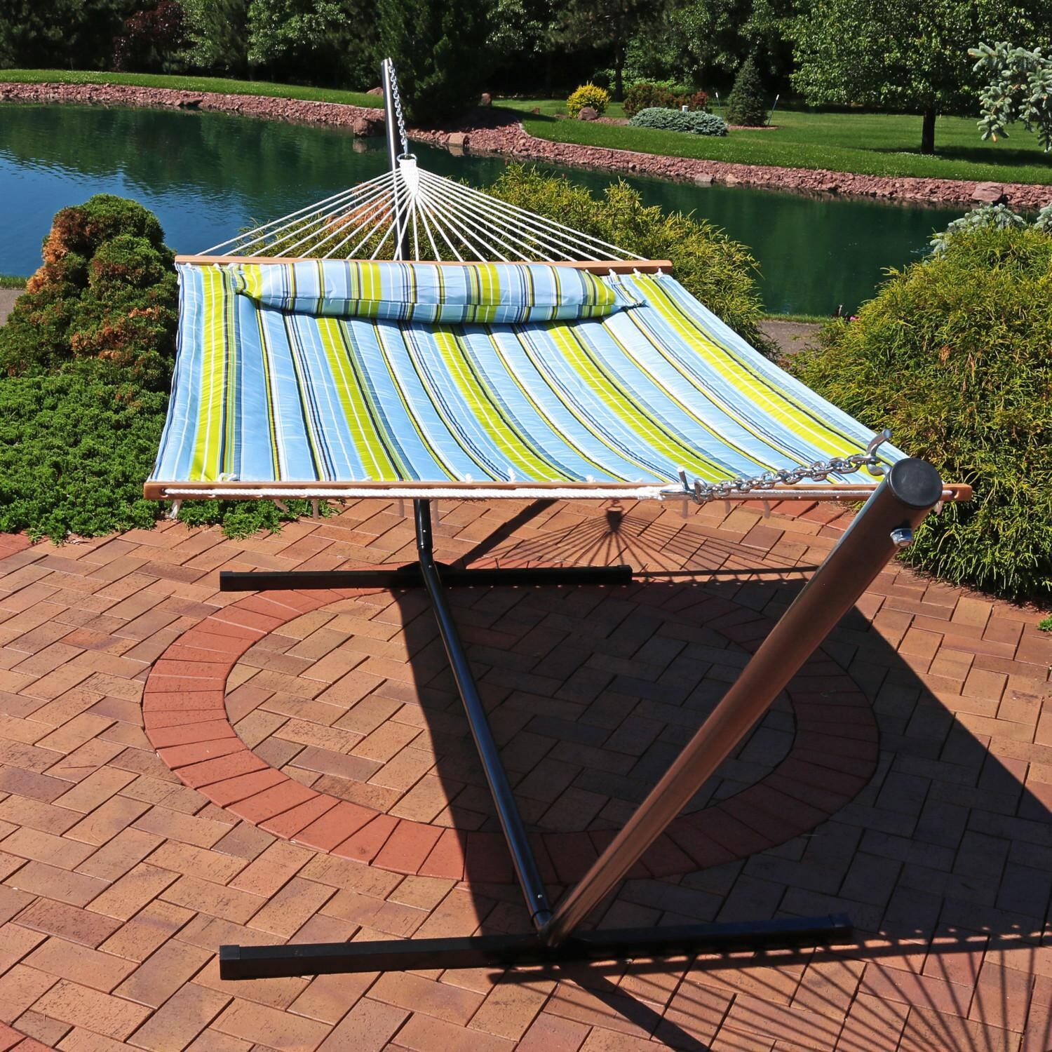 Ultimate Patio Quilted Double Hammock w/ Heavy-Duty Stand & Pillow - Blue/Green Stripe - Lifestyle thumbnail