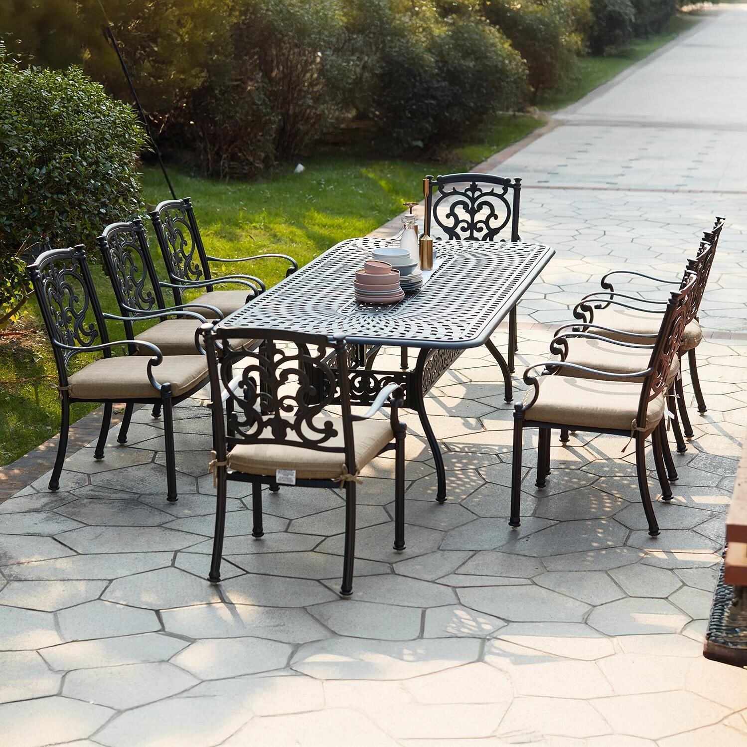 Santa Barbara 9 Pc Cast Aluminum Dining Set w/ 92 X 42 Inch Series 60 Table in Antique Bronze/Beige Canvas by Darlee