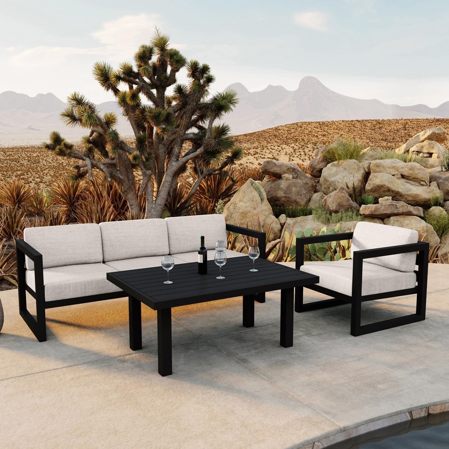 Lakeview MSTYCV-BK-SET138-CS Misty Cove 3 Pc Aluminum Seating Set in Black w/Chat Table & Cast Silver Cushions by Lakeview Outdoor Designs - By the Pool - Lifestyle thumbnail