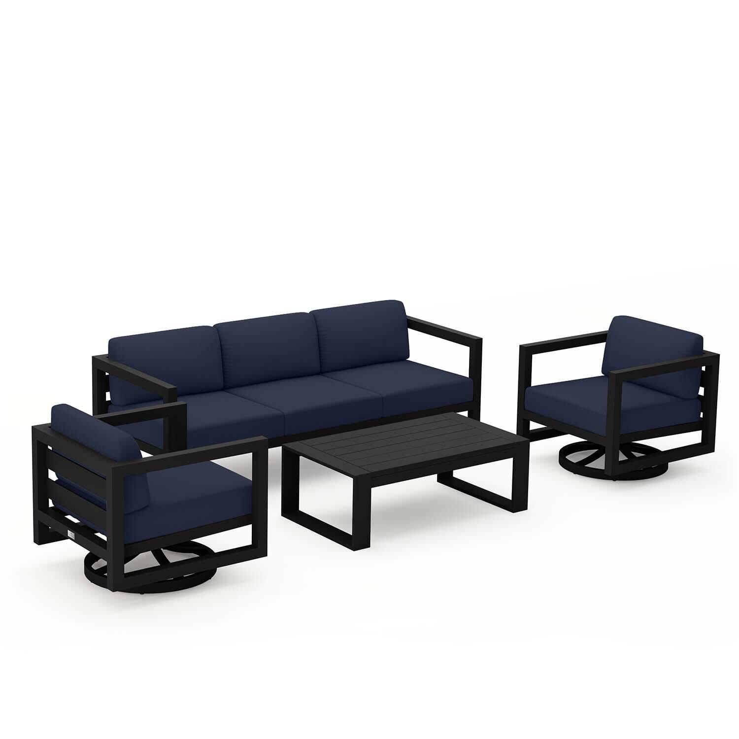 Misty Cove 4 Pc Aluminum Sofa Seating Set w/ Swivel Chairs in Black/Spectrum Indigo by Lakeview Outdoor Designs - Angled - White Background thumbnail