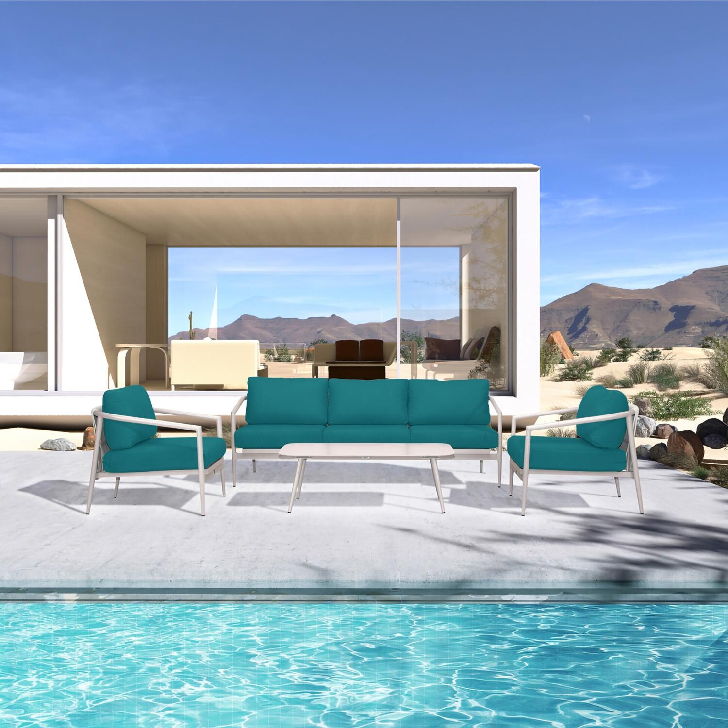 Lakeview Midnight Cove 4 Pc Aluminum Sofa Seating Set in Urban Stone/Carrera/Spectrum Peacock - Lifestyle thumbnail