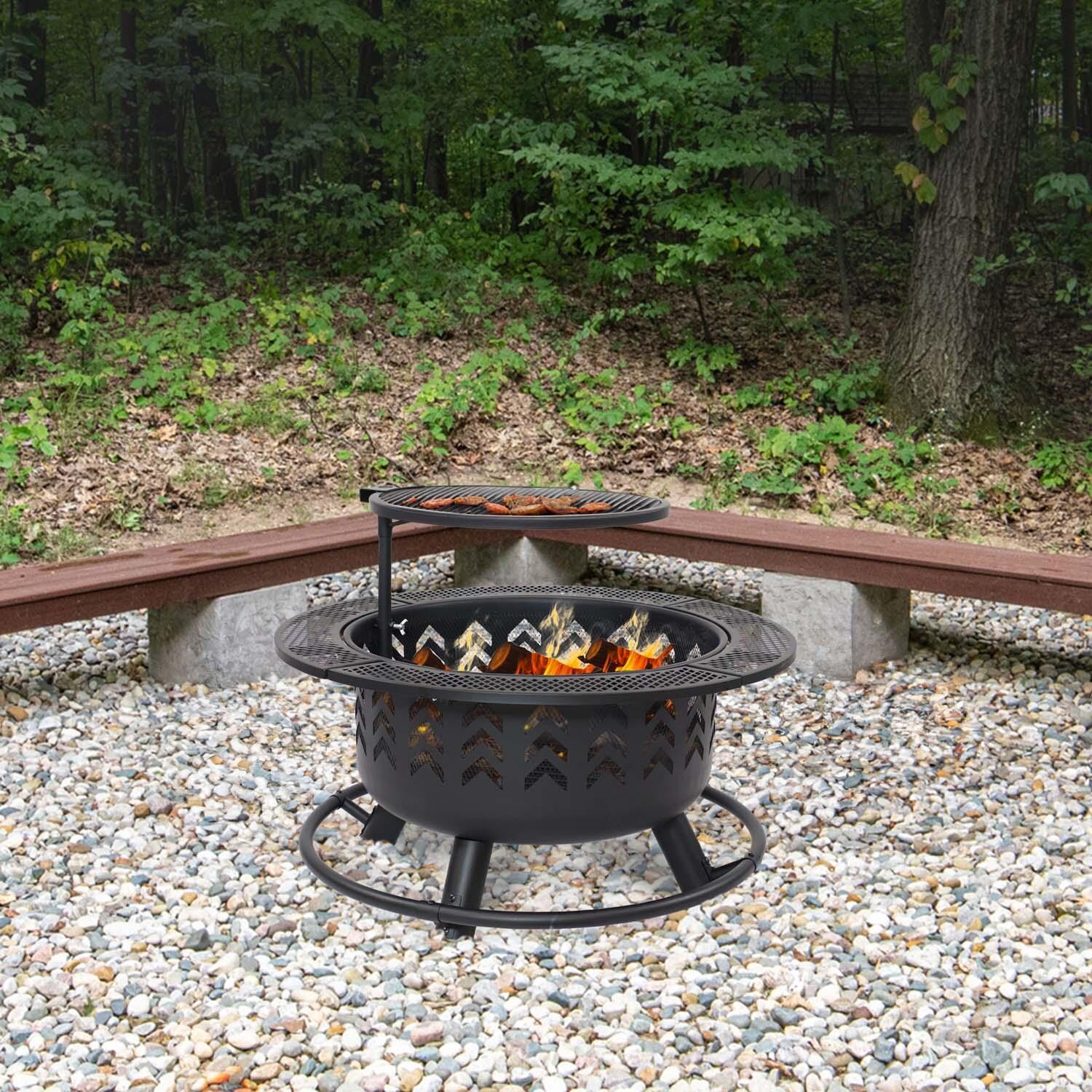 33 Inch Round Steel Wood Burning Fire Pit & Grill in Black By Ultimate Patio