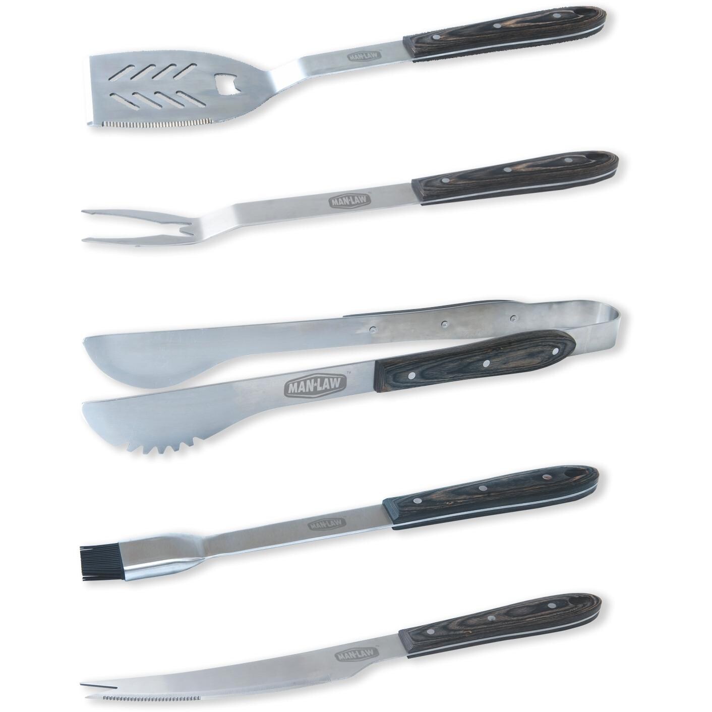 Man-Law MAN-H1 Heavy Duty 5-Piece Premium Wood Handle Stainless Steel BBQ Tool Set thumbnail