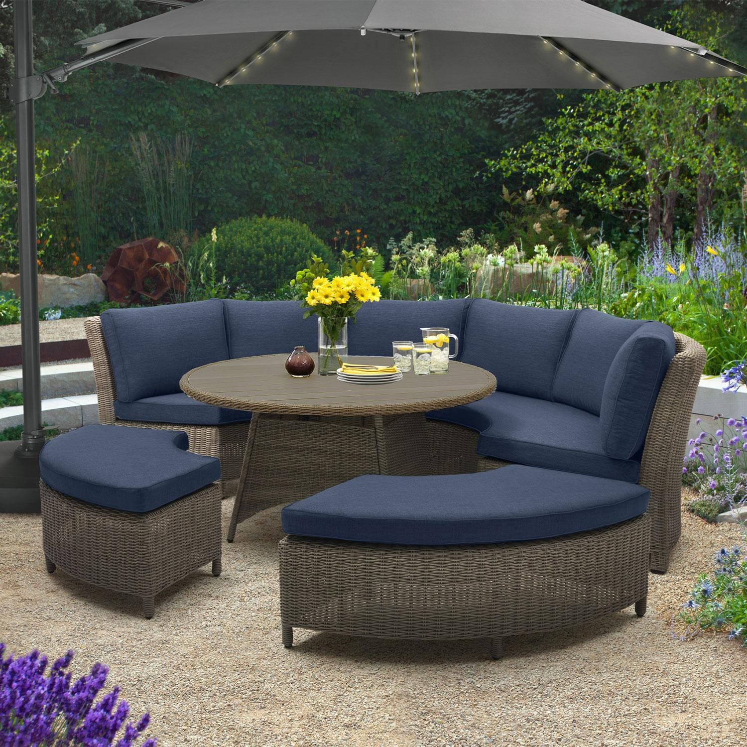 Palma 5 Pc Teak Round Seating Set in Spectrum Indigo By KETTLER - Patio - Lifestyle thumbnail