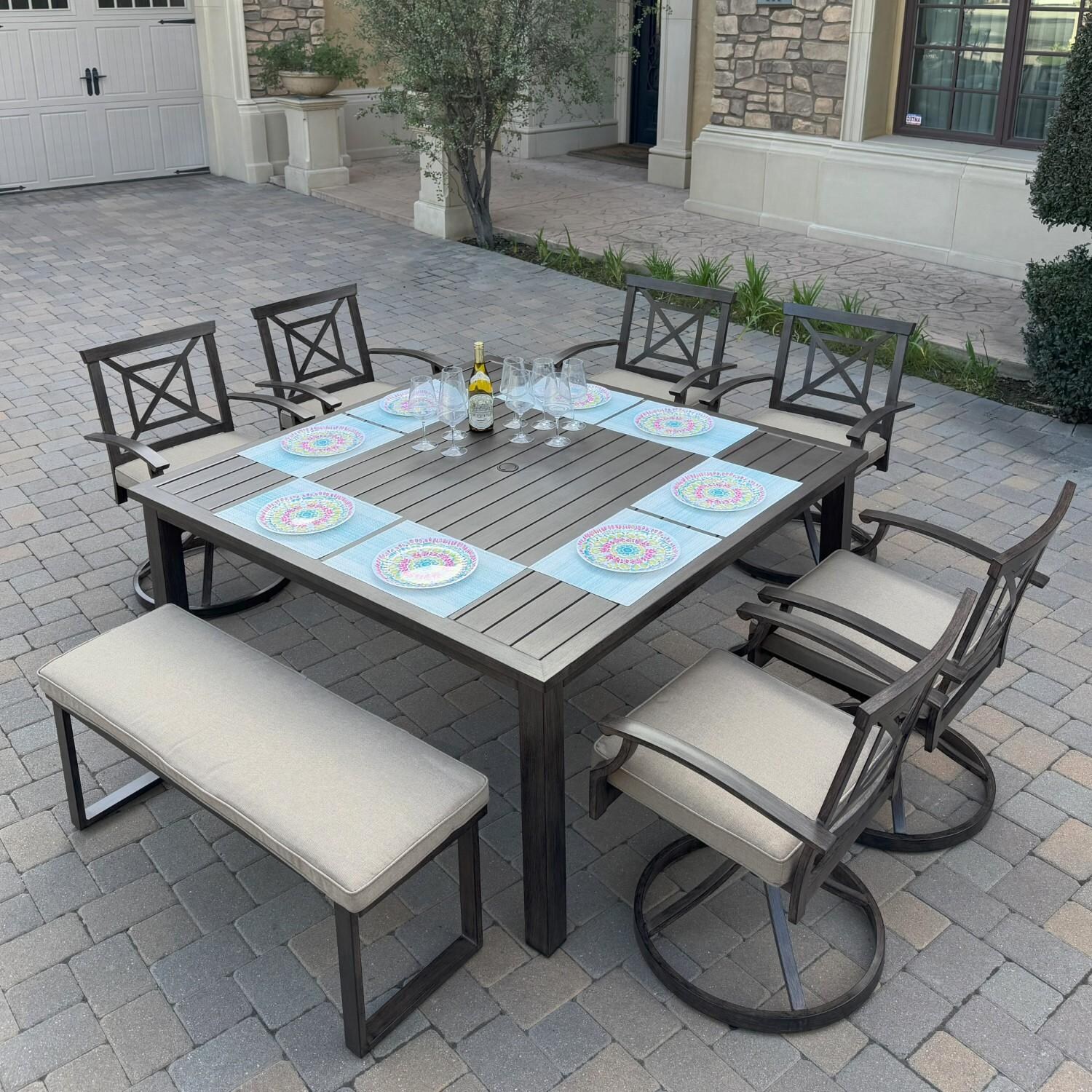 Atlantis 8 Pc Aluminum Dining Set w/ 6 Swivel Rocker Dining Arm Chairs & Two Person Bench in Walnut/Beige by Darlee - Hero - Lifestyle thumbnail