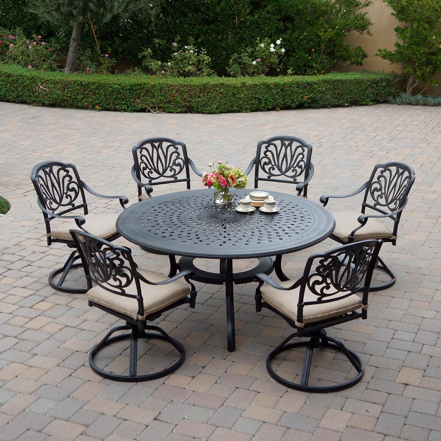Darlee Elisabeth 7-Pc Dining Set w/ 60-Inch Round Table & Swivel Rockers in Antique Bronze/Beige - Full Set - Lifestyle thumbnail