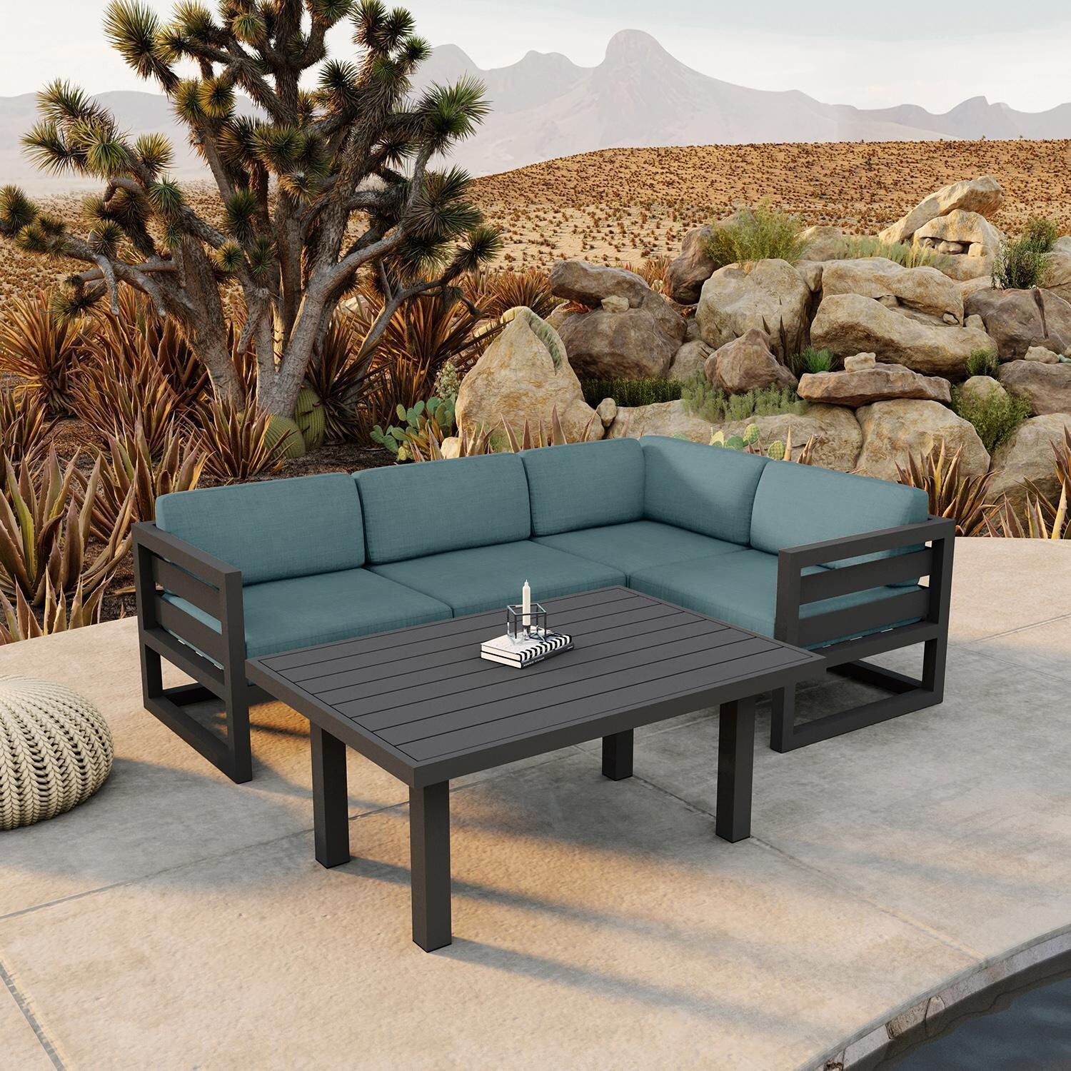 Misty Cove 5 Piece Sectional Set in Slate w/Chat Table & Cast Lagoon Cushions by Lakeview - Lifestyle thumbnail