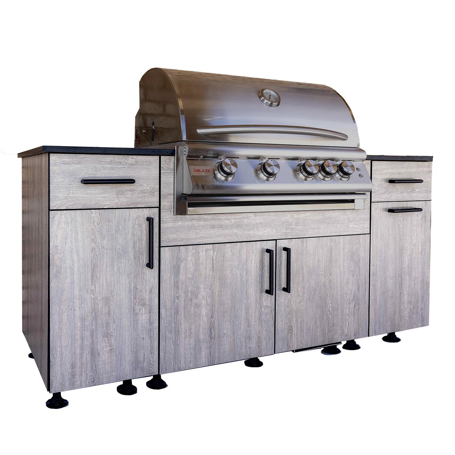 BBQGuys Signature Beech 6 Ft Outdoor Kitchen Island w/ Blaze Propane Grill in Riverside Oak/Marquina Black - Island - White Background thumbnail