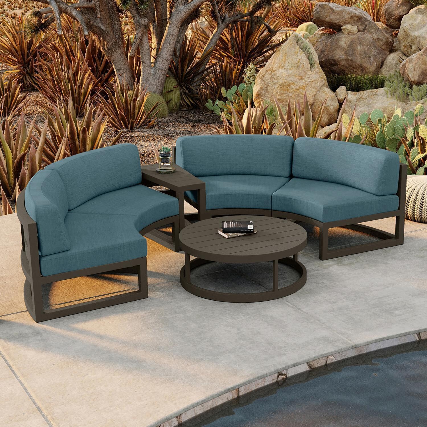 Misty Cove 4 Piece Curve Sectional Set in Slate w/Coffee Table & Cast Lagoon Cushions by Lakeview - By Pool - Lifestyle thumbnail