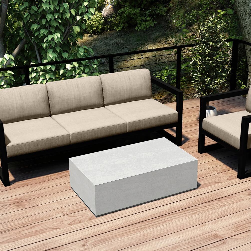 Misty Cove 3 Pc Aluminum Seating Set w/ Sofa & Long Coffee Table in Black/Canvas Flax by Lakeview Outdoor Designs