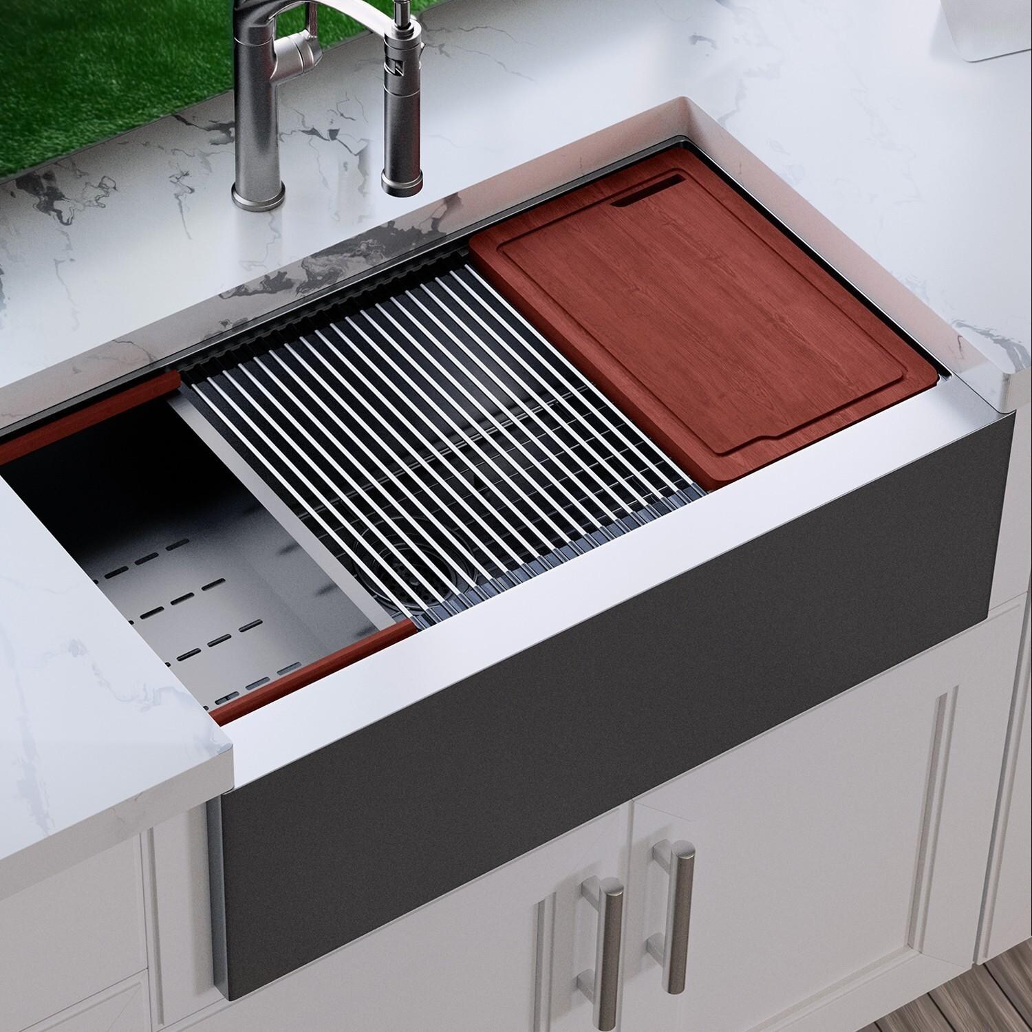 BBQGuys Signature Farmhouse Flat Apron Stainless Steel 30-Inch Workstation Sink W/Grid, Strainer and 3 Accessories - Lifestyle thumbnail