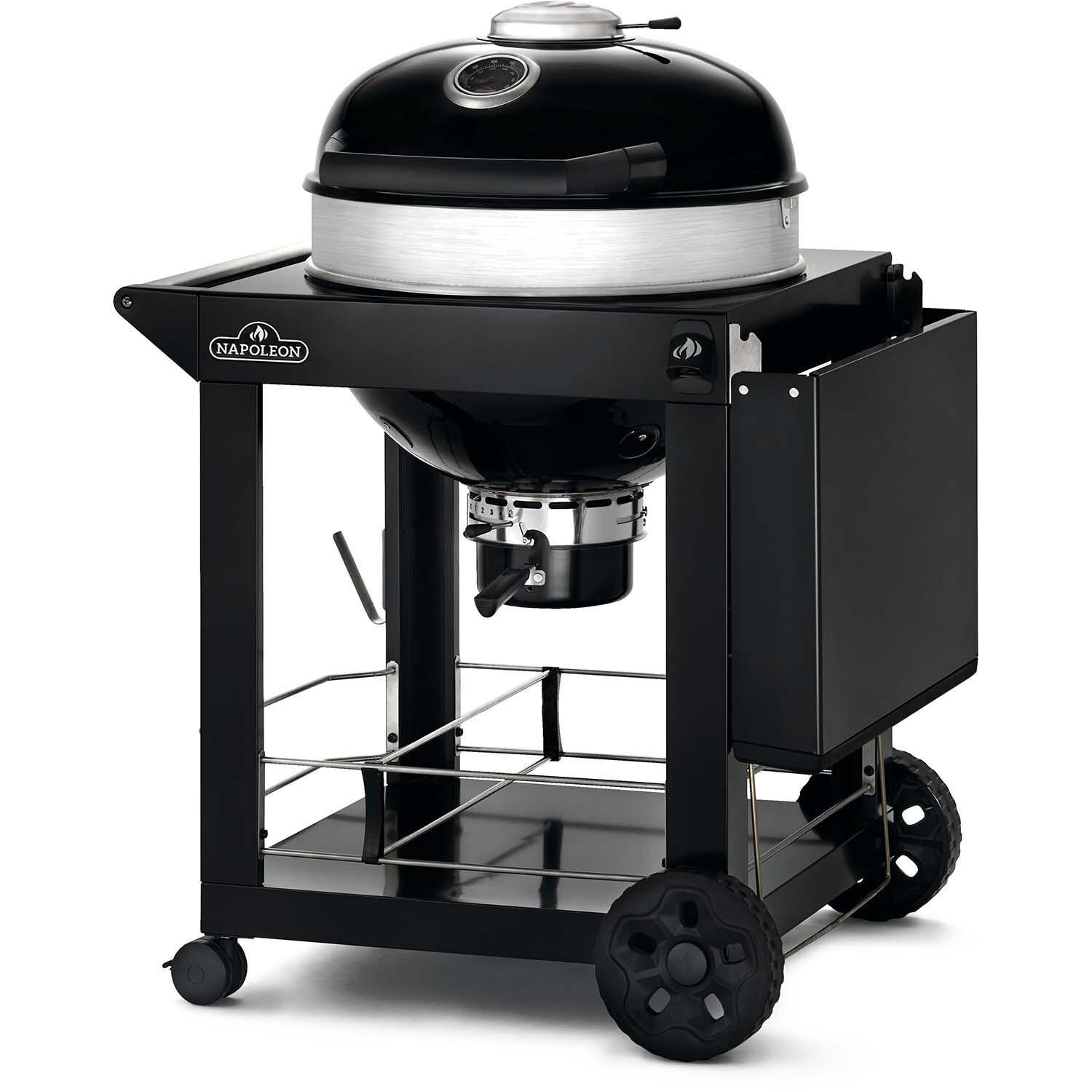 Napoleon PRO22K-CART-3 PRO 22 Inch Cart Model Charcoal Kettle Grill  - Black W/Cart - Shelf Down - White Background thumbnail
