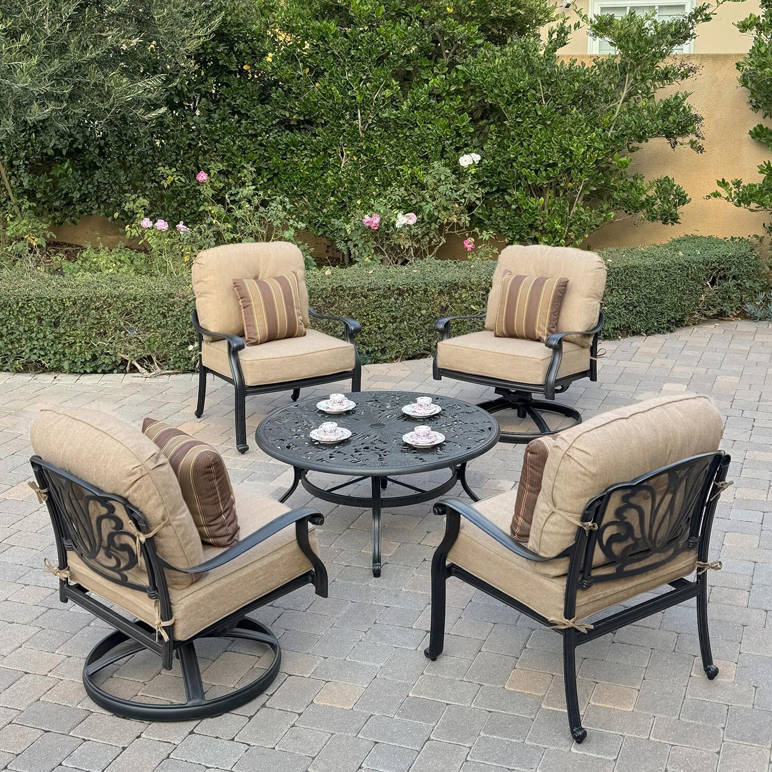 Darlee Elisabeth 5 Pc Cast Aluminum Seating Set w/ 2 Swivel Club Chairs and 2 Club Chairs in Antique Bronze/Beige - Set - Lifestyle thumbnail