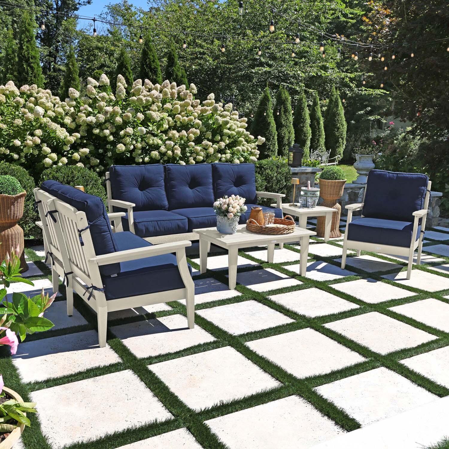 Blushing Bay 6 Pc Recycled Plastic Grand Seating Set in Spectrum Indigo/Whitewash by Lakeview Outdoor Designs - Left Angled - Lifestyle thumbnail