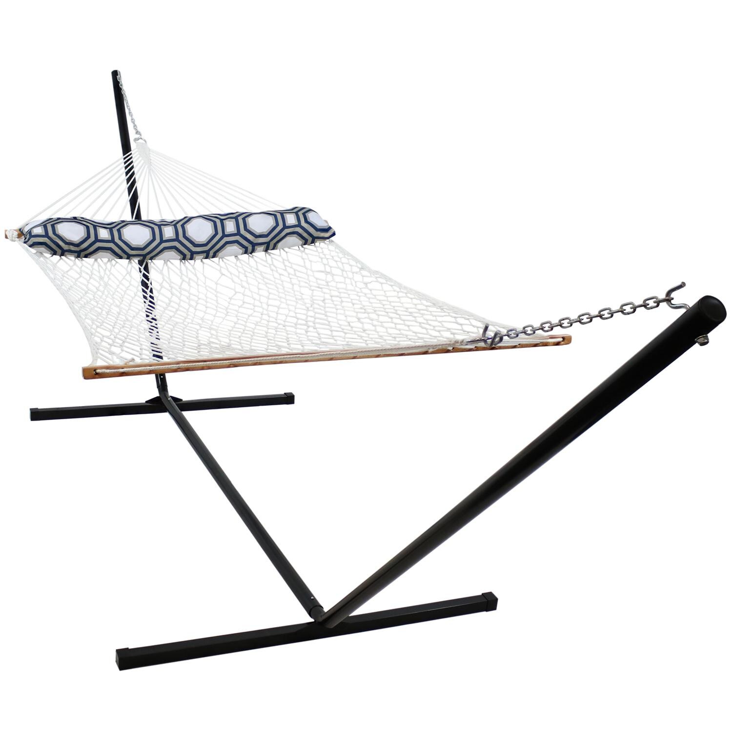 Sunnydaze Decor Classic Double Rope Hammock & Pillow w/ 15-Foot Black Stand - White - LY-PDRH-COMBO15 image