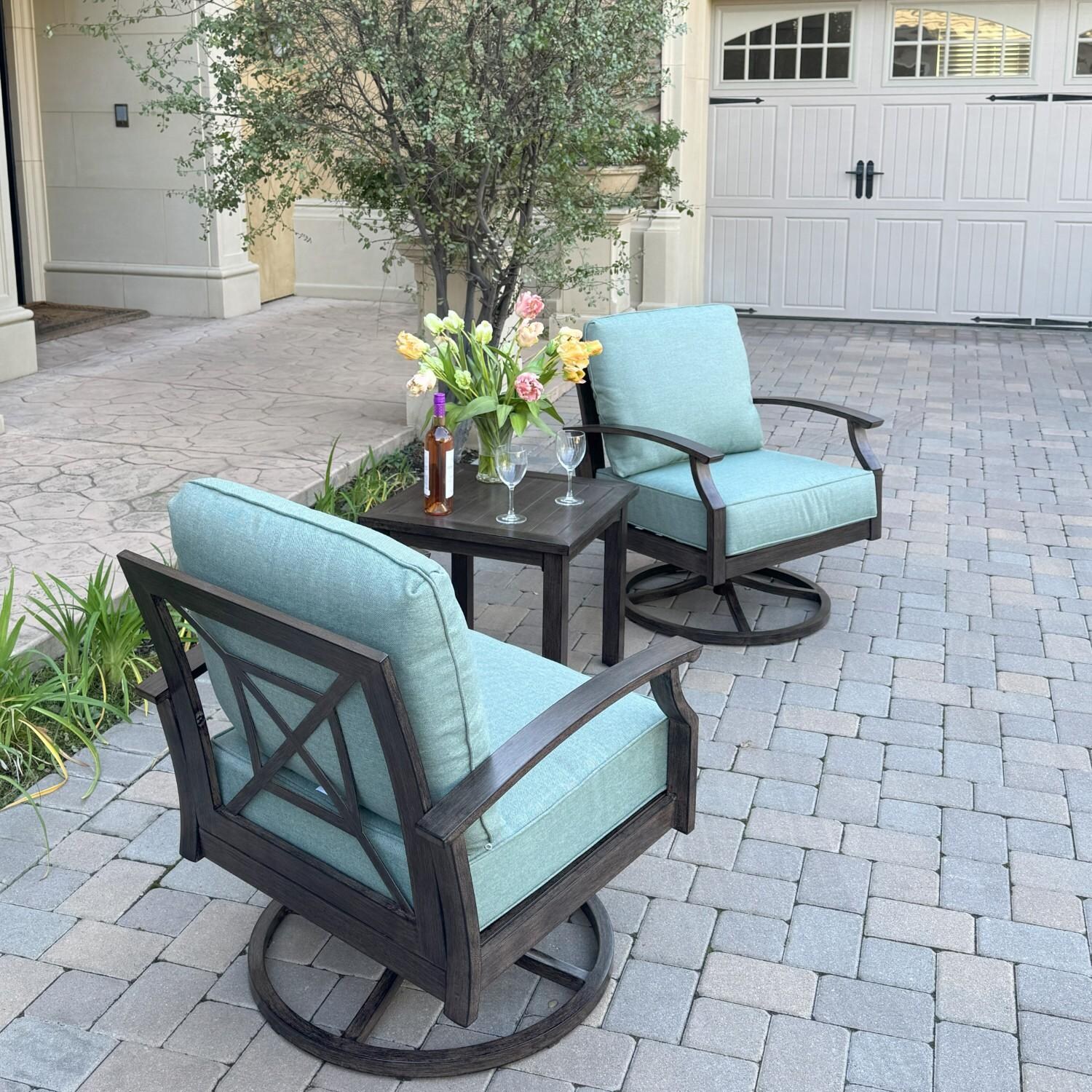 Atlantis 2 Pc Aluminum Swivel Rocker Club Chair Set in Walnut/Spa by Darlee - Chairs w/ Side Table (Not Included) - Lifestyle thumbnail