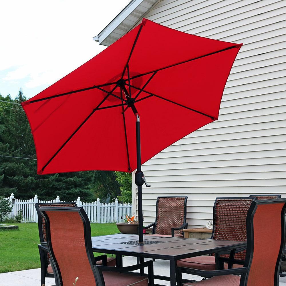 Ultimate Patio 7.5 Ft. Octagonal Aluminum Patio Umbrella W/ Crank & Tilt - Red - Tilted Lifestyle View thumbnail
