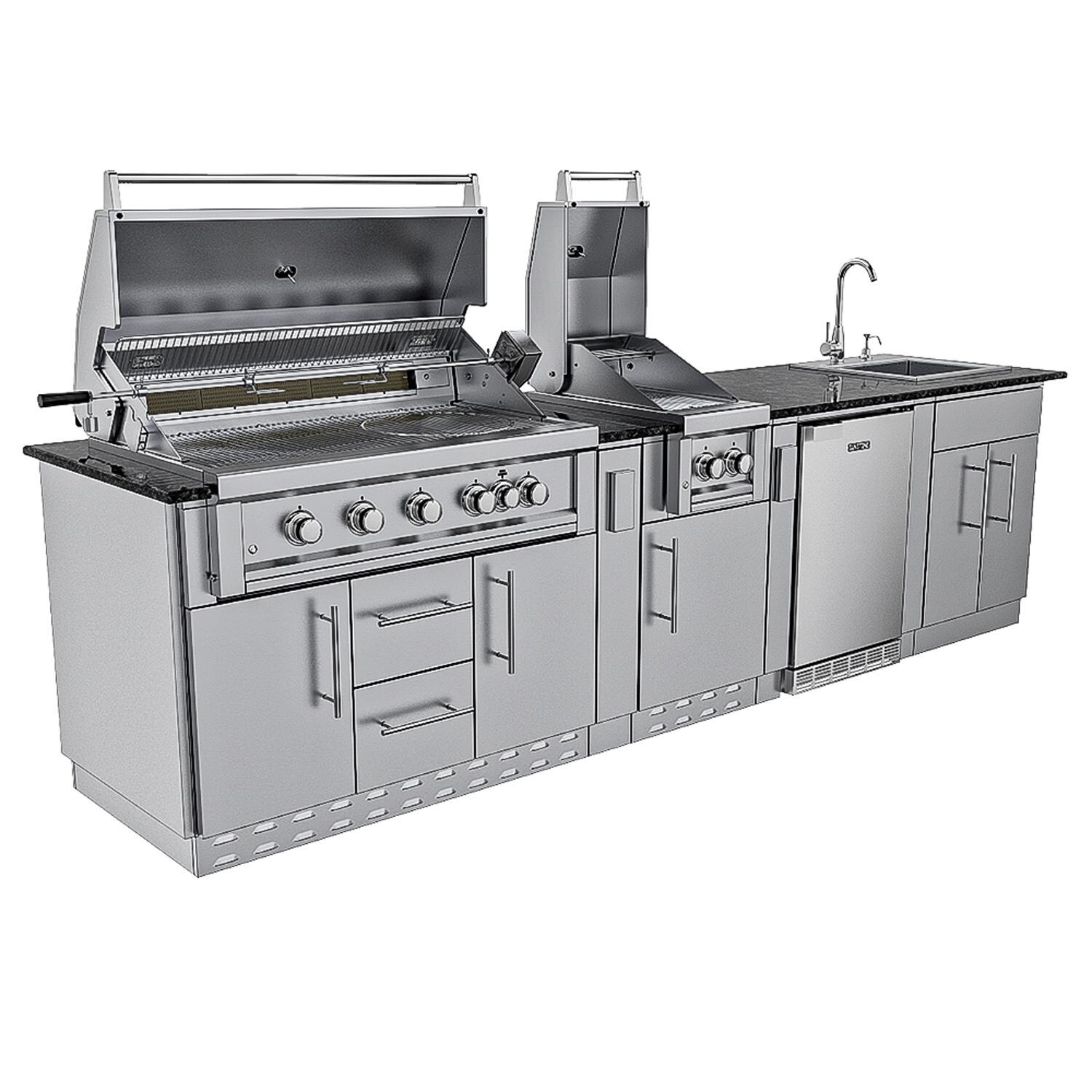Sunstone Grills SCPGULFBREEZE10.2-NG Gulf Breeze 10 Ft Outdoor Kitchen Island w/ Natural Gas Grill & Side Burner, Sink, Refrigerator, Door & Drawer - Angled & Open - White Background thumbnail